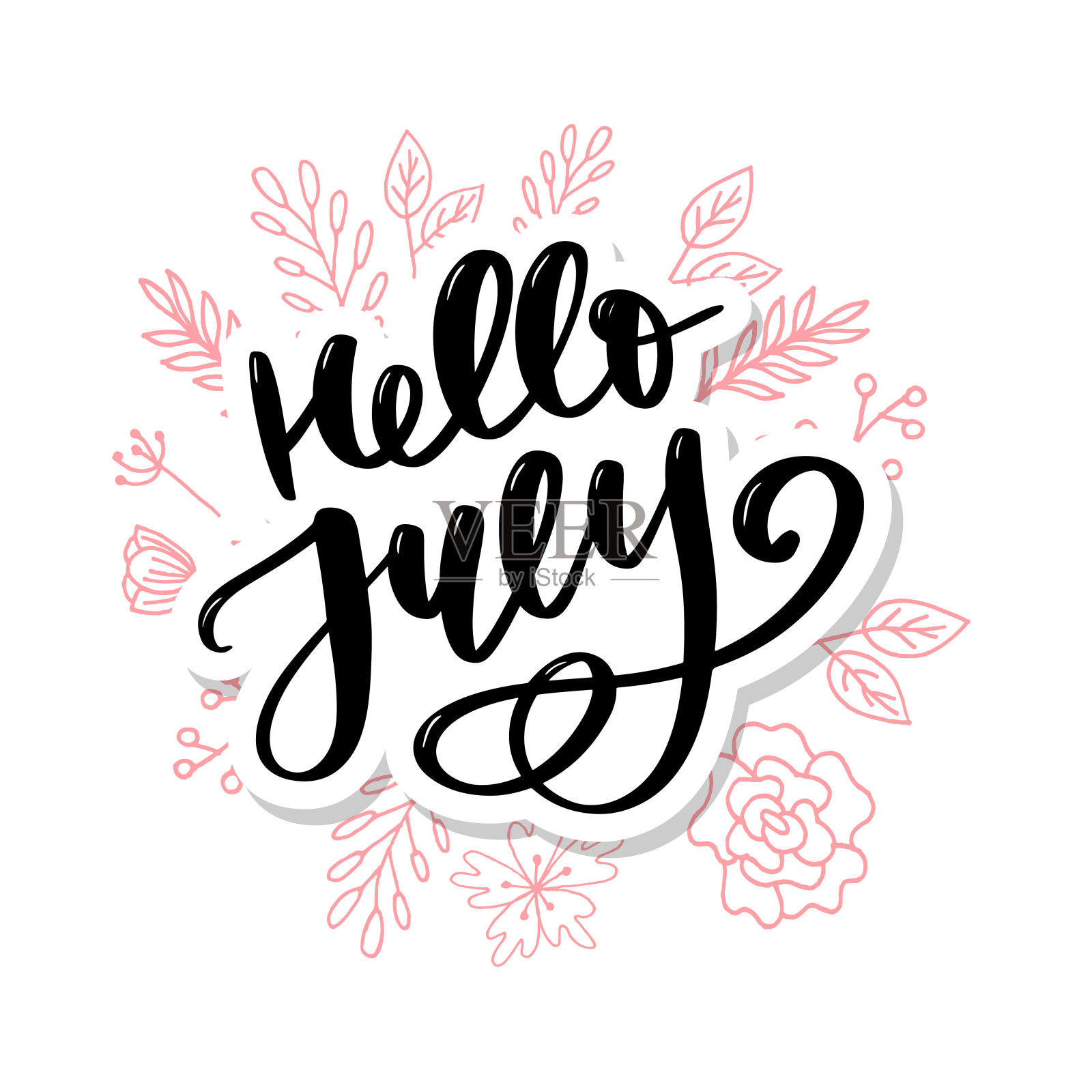 你好，七月刻字印刷。夏季极简主义插画。白色背景上孤立的书法。插画图片素材