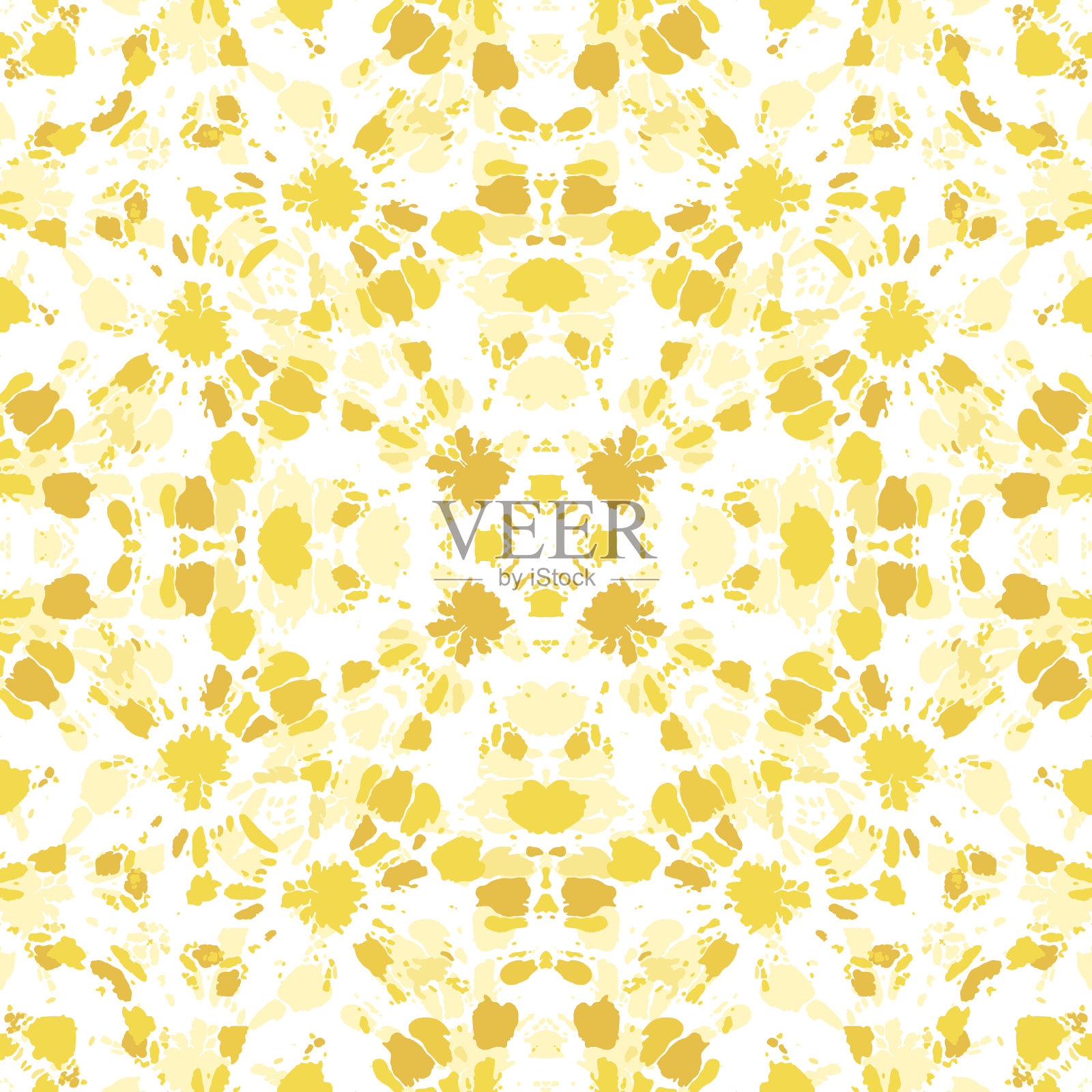 亮黄色单色扎染Shibori日光灯万花筒镜像曼达拉矢量无缝图案插画图片素材