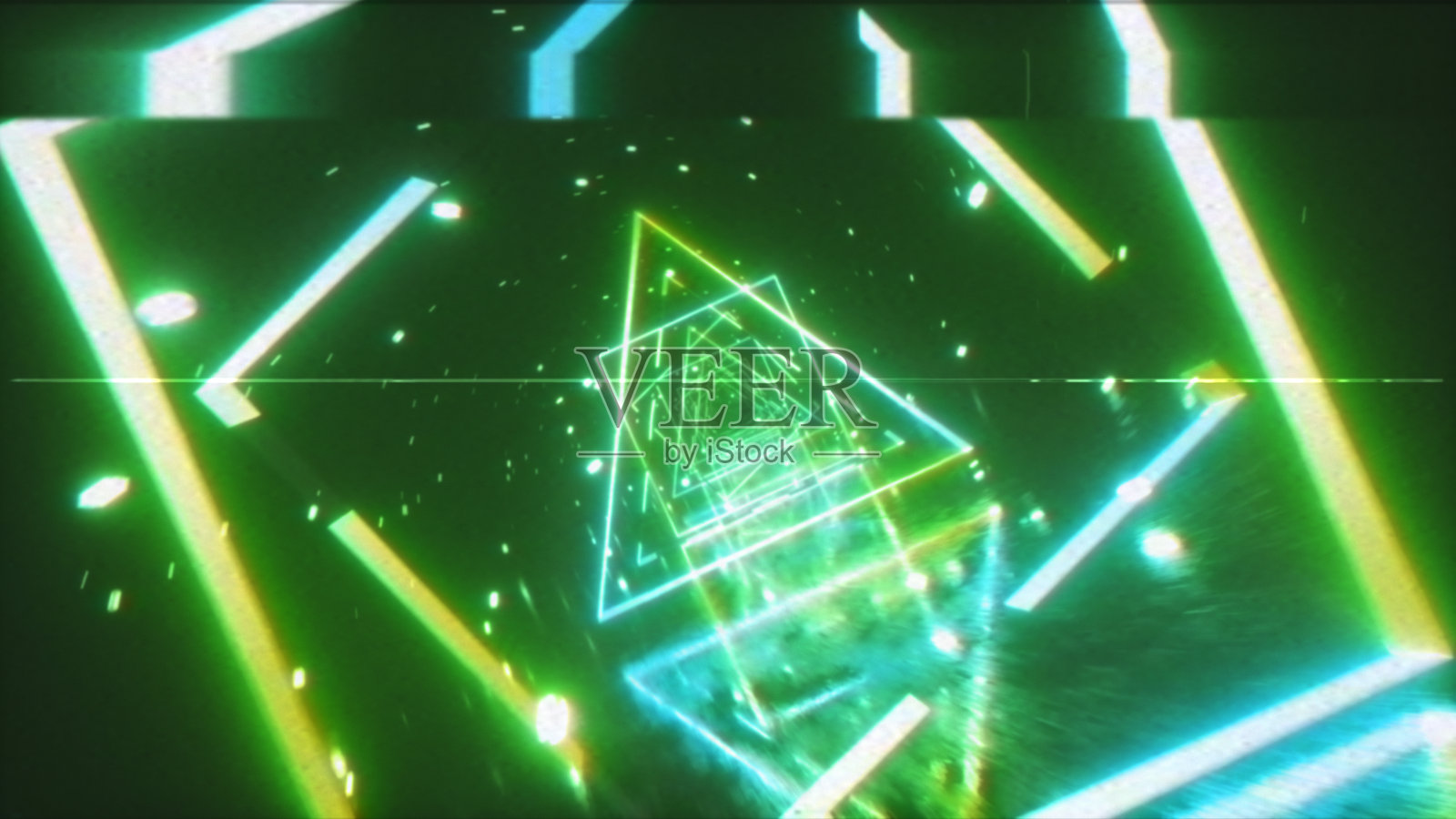 疯狂的飞行在一个复古的未来空间通过霓虹灯发光的数字在80年代的风格。3 d演示。带有畸变、噪声和色差的电影VHS效果照片摄影图片