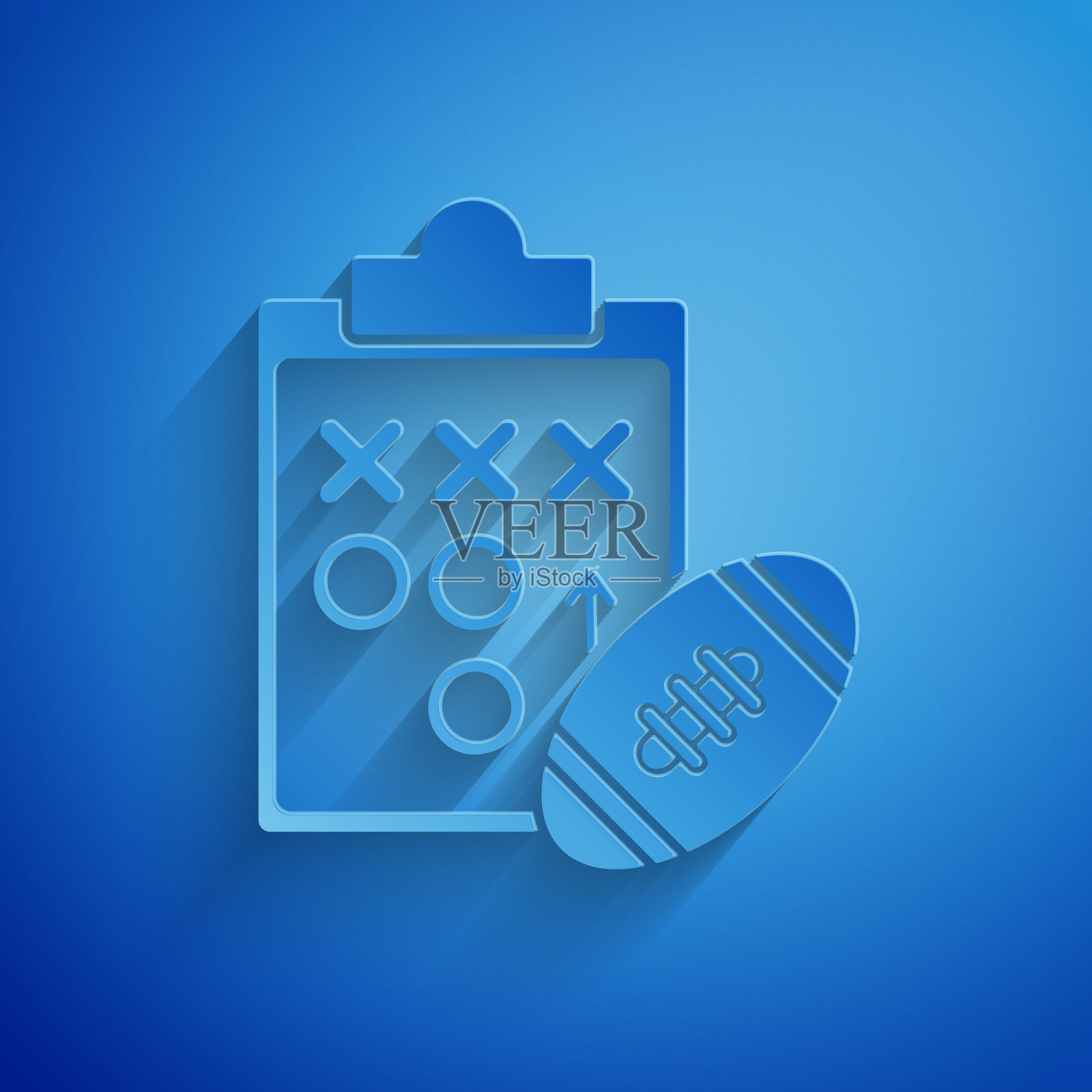 剪纸规划策略概念图标孤立在蓝色背景。足球或美式足球杯的队形和战术。纸艺术风格。矢量图插画图片素材