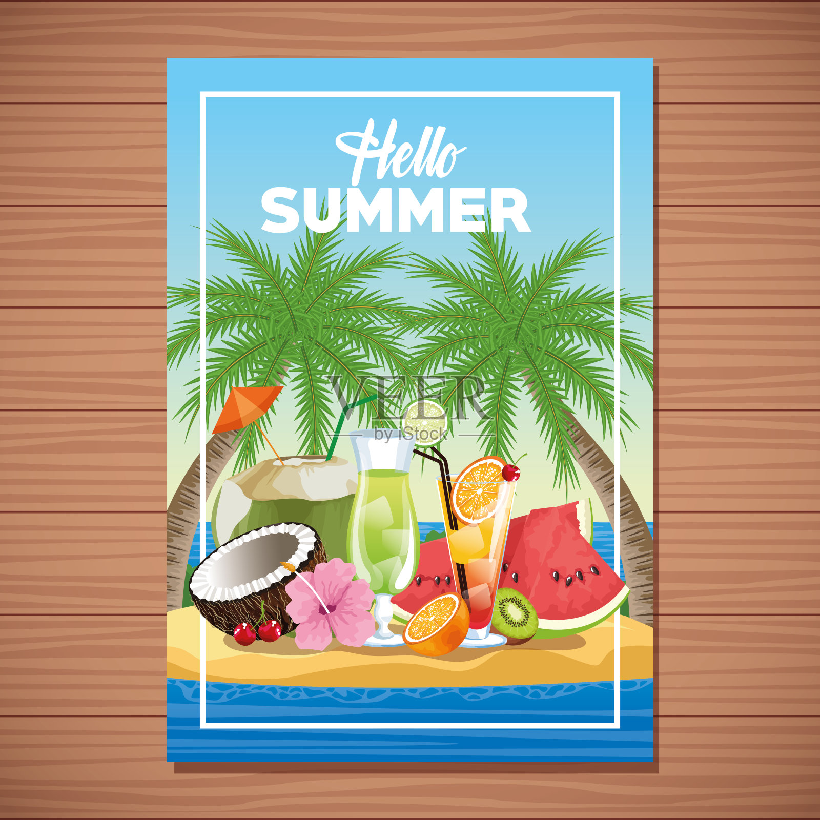 你好，夏季卡通卡片海报插画图片素材