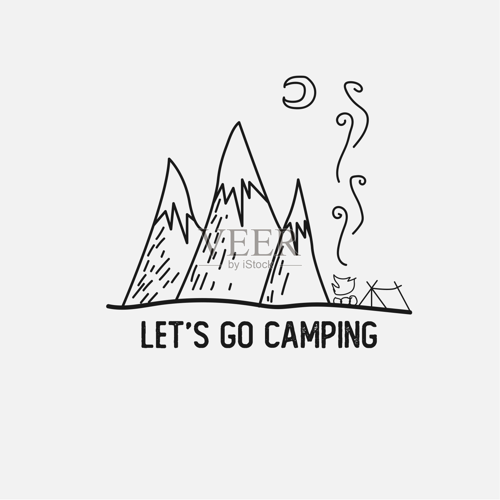 露营矢量标志。带有灰色背景和黑色矢量的户外活动符号。在山里露营插画图片素材