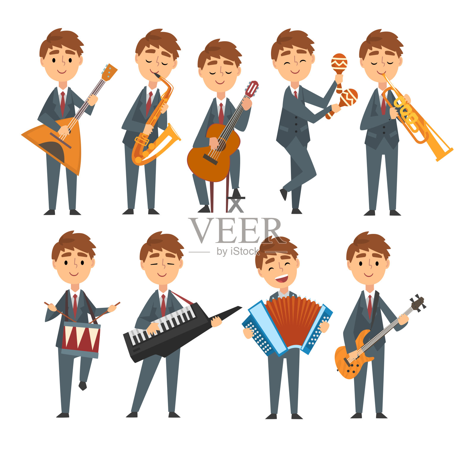 音乐家男孩演奏不同的乐器集，天才儿童字符演奏三弦琴，萨克斯管，吉他，沙球，鼓，合成器，小号，手风琴矢量插图插画图片素材