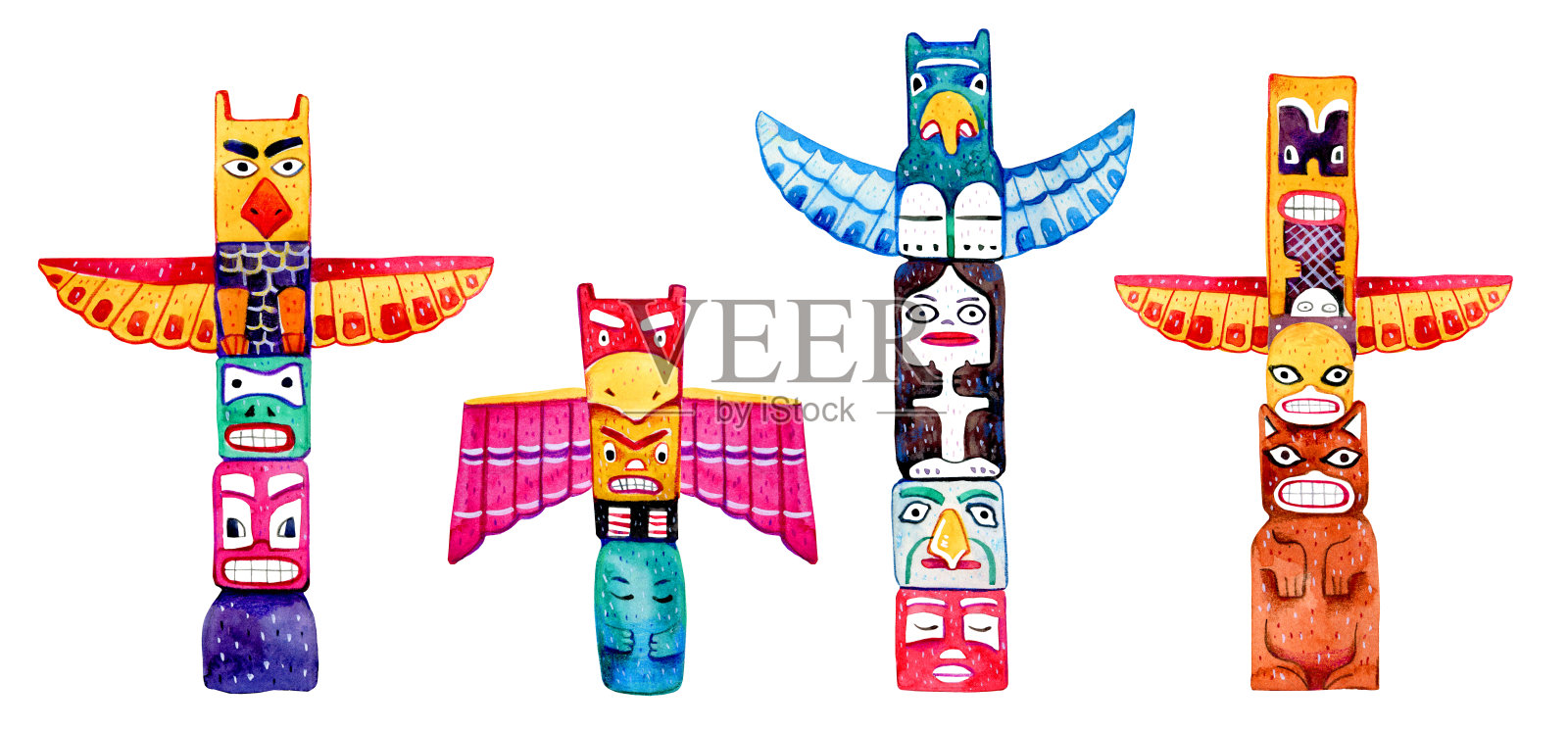 美国土著传统的图腾柱。手绘水彩插图集。一组四个木雕人物插画图片素材
