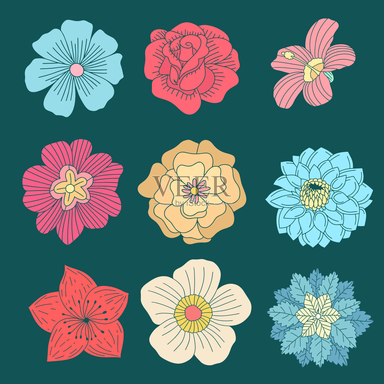 花集。手工绘制的花卉元素集合插画图片素材