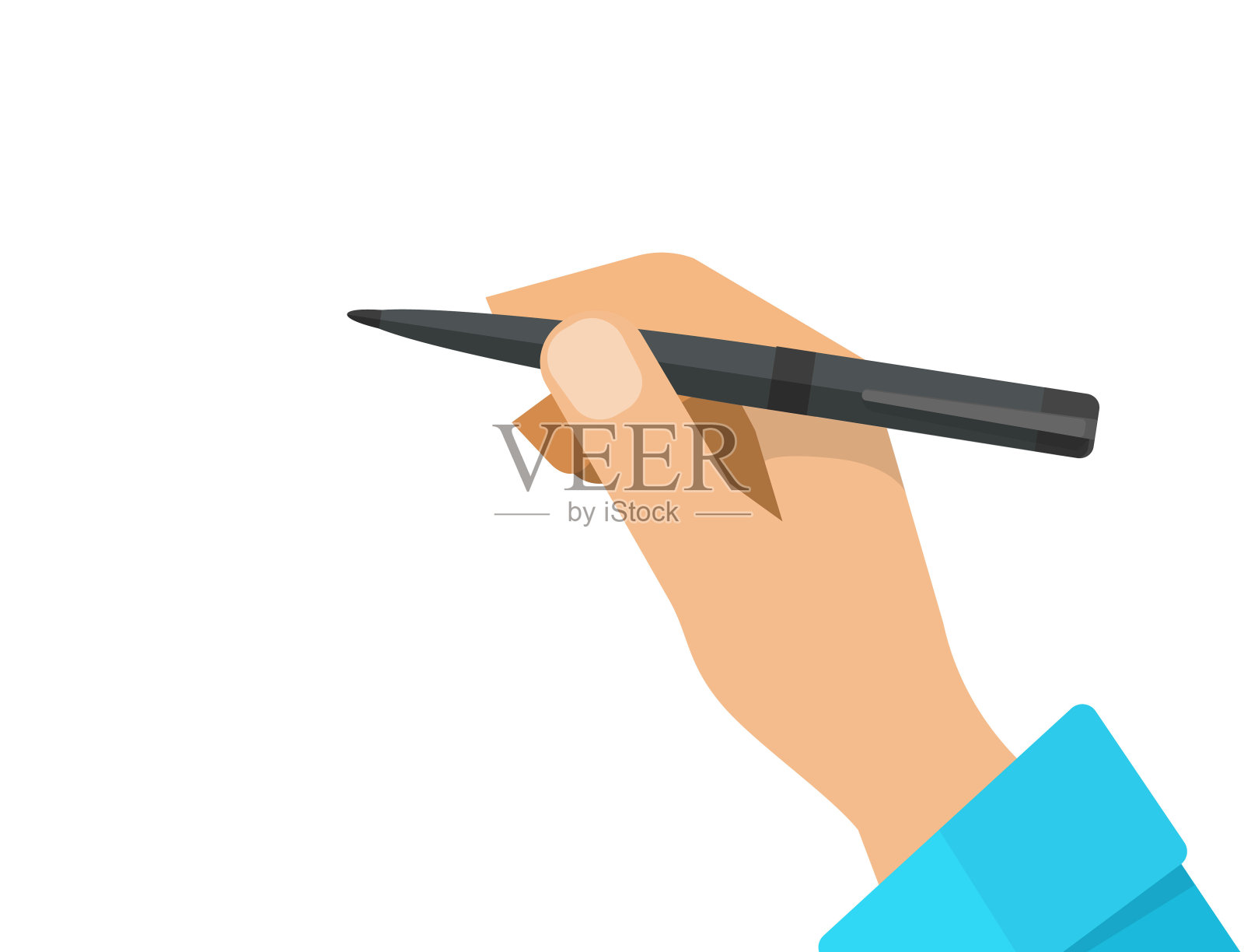 手用铅笔矢量插图，平面卡通手拿笔孤立在白色剪纸上插画图片素材