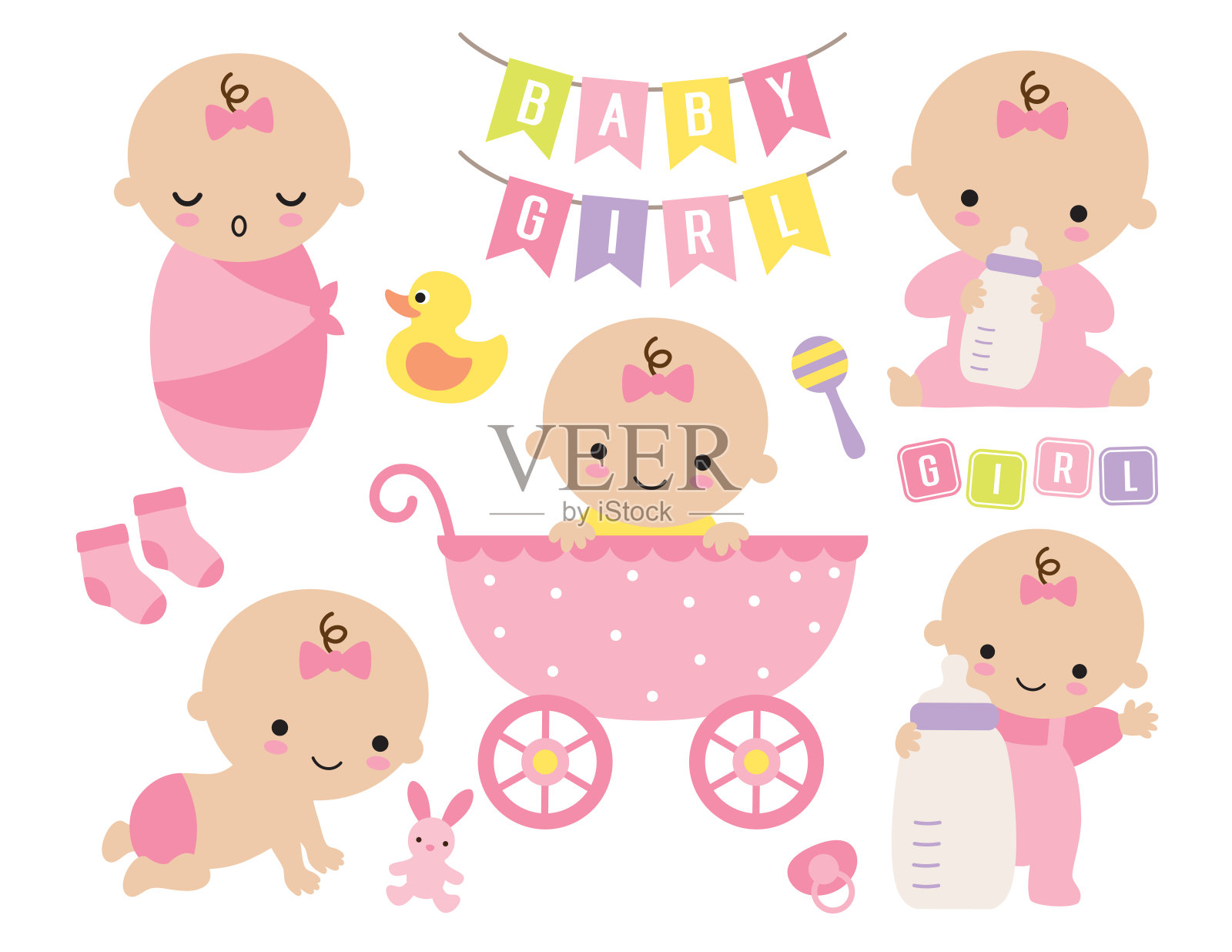 可爱的女婴在粉色婴儿车与婴儿用品插画图片素材
