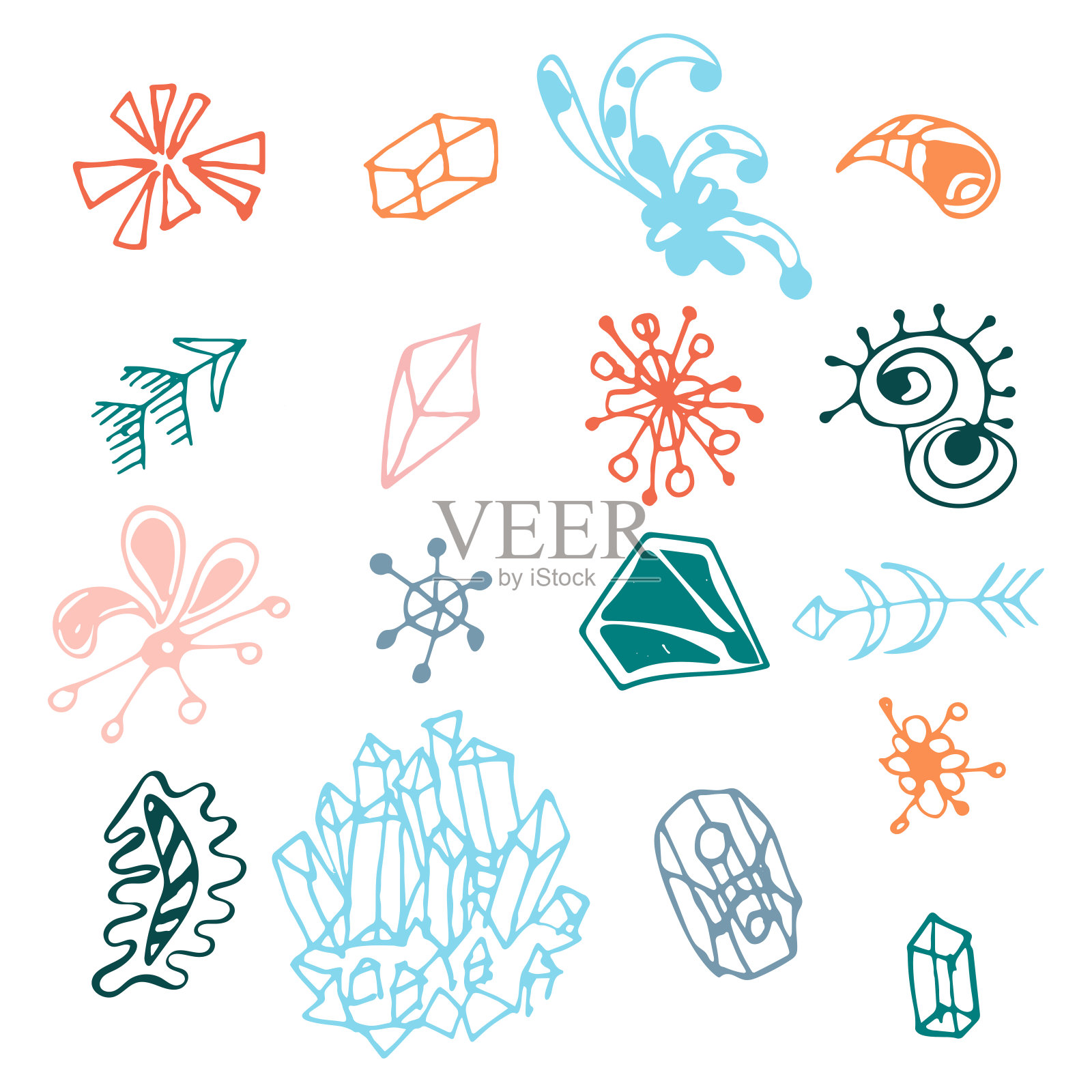 彩色手绘幻想元素设置孤立的白色背景。收集不同的原始形状:箭头，矿物质，三角形，棱镜，卷发。矢量插图。插画图片素材