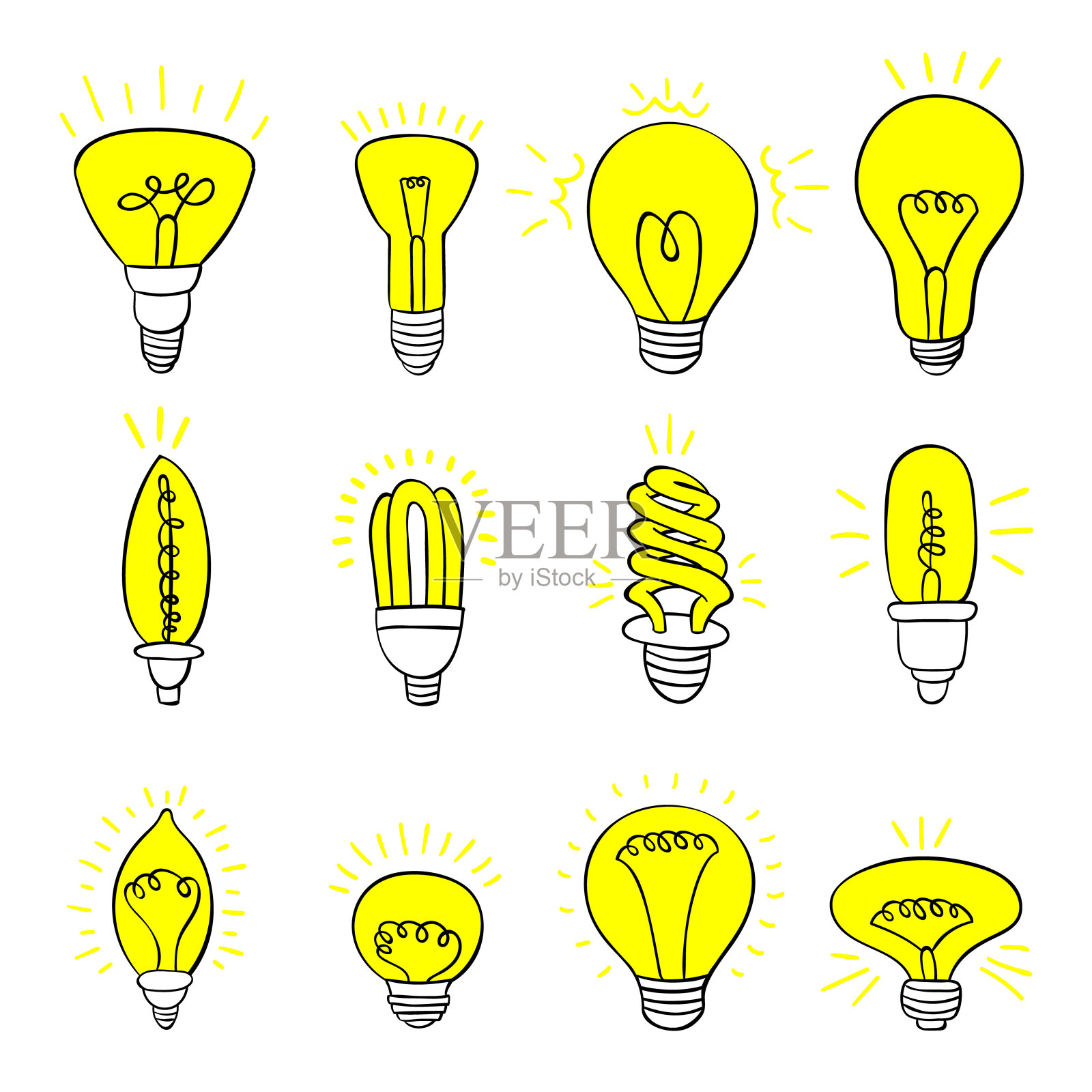 隔离灯泡不同类型手绘涂鸦灯泡集荧光灯，灯丝，卤素，二极管等照明电器商店的想法。设计元素图片
