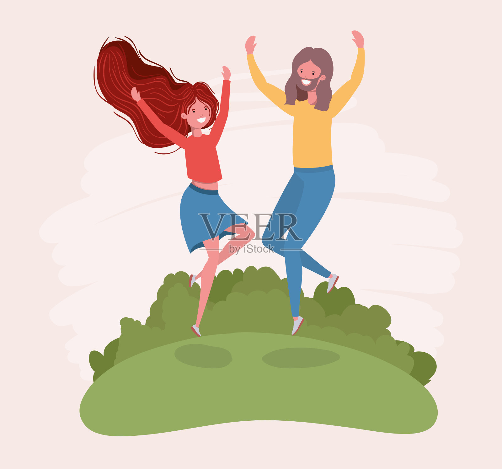 小情侣在公园里蹦蹦跳跳庆祝插画图片素材