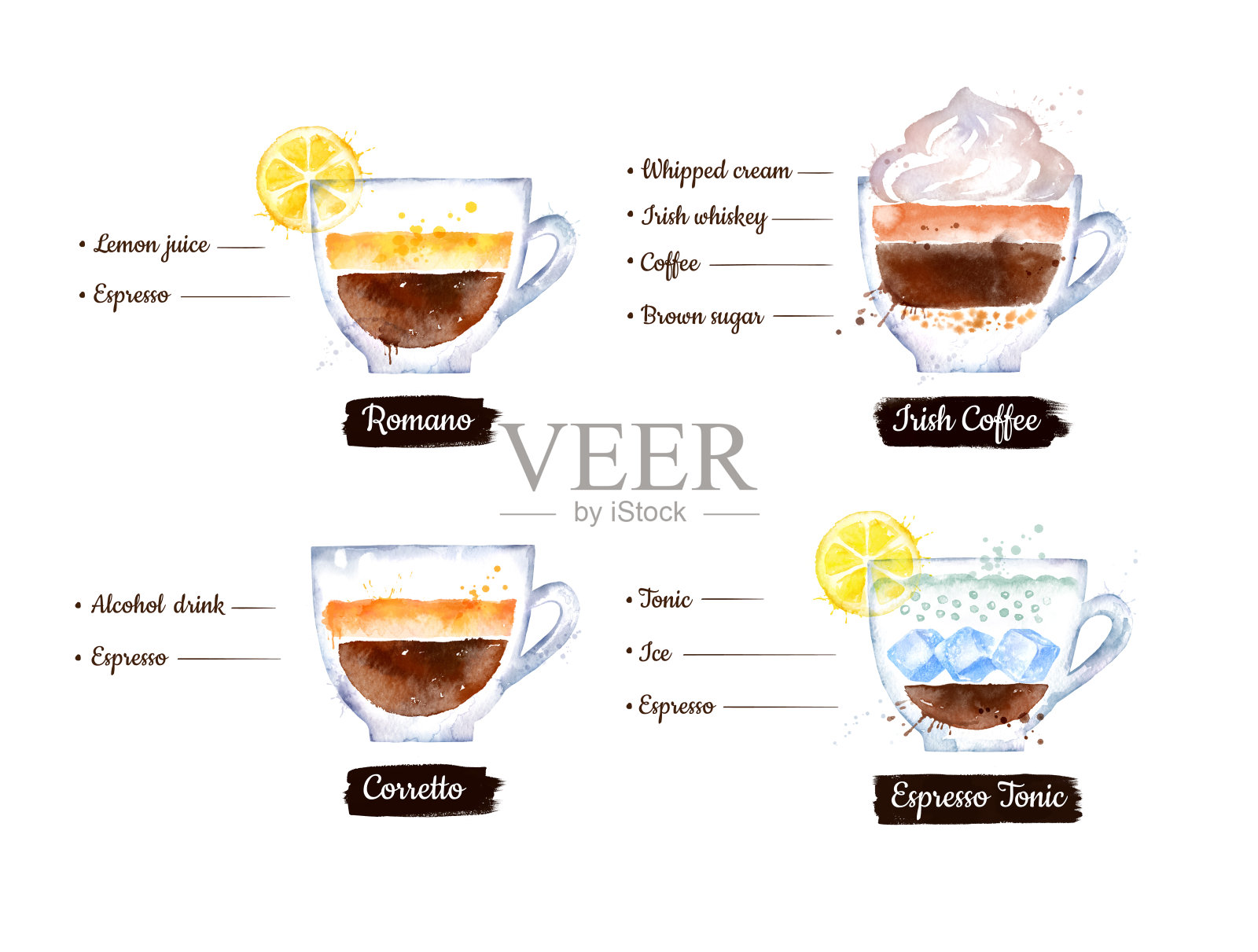 插图一套柑橘和酒精咖啡食谱插画图片素材