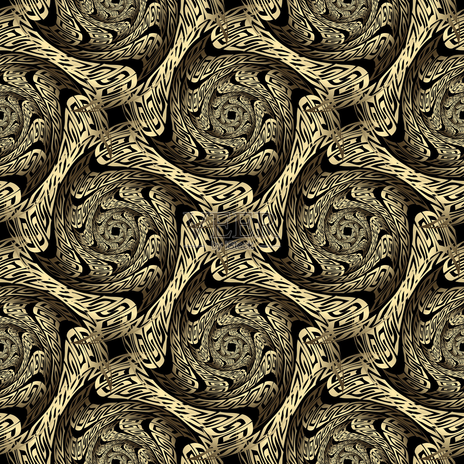 现代黄金3d希腊风格矢量无缝模式。抽象的装饰背景。创意重复几何背景。径向形状，曲线，抽花，希腊键曲径花点缀。插画图片素材