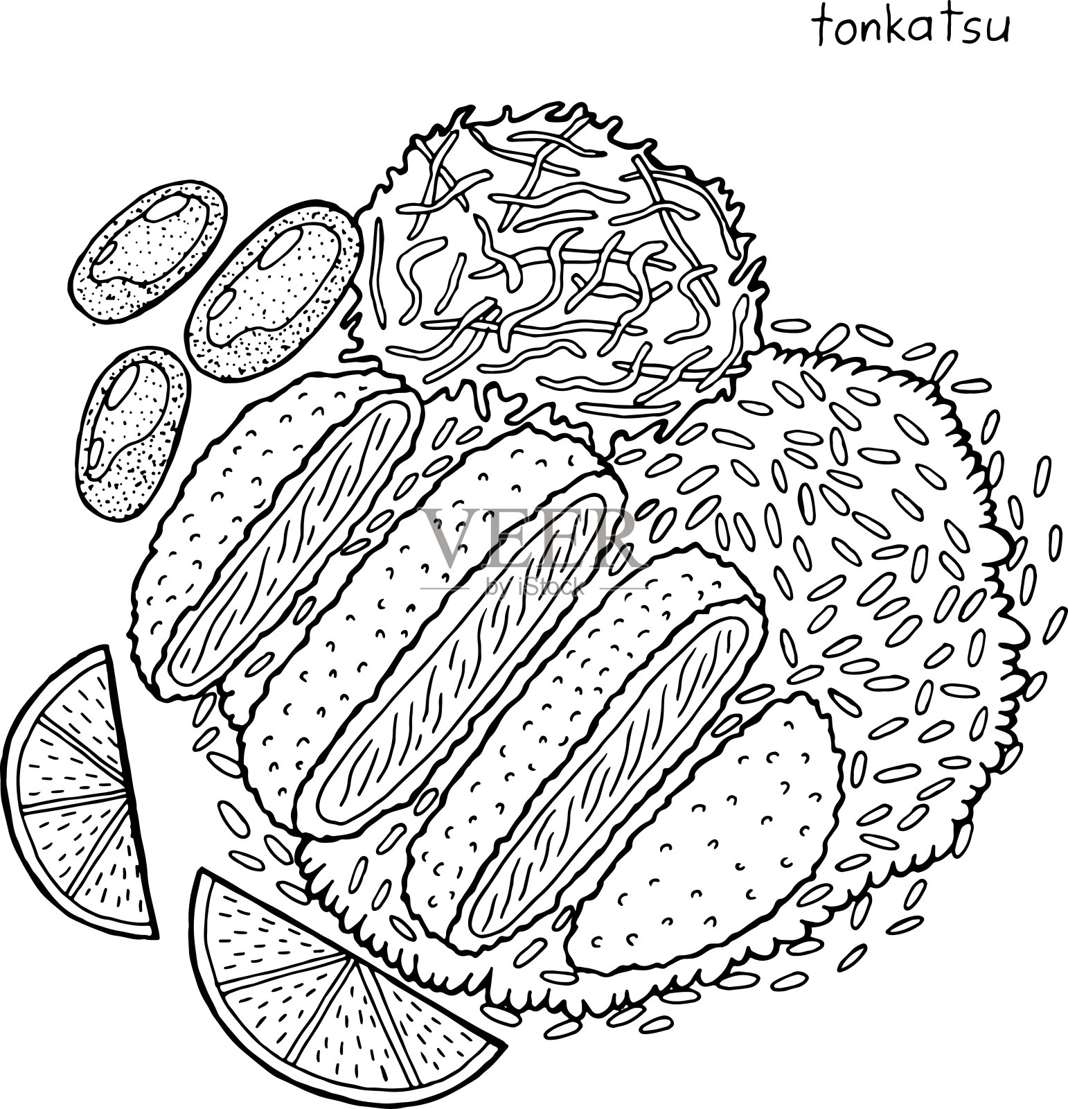 日本料理油墨插画。图形的黑白艺术品。成人涂色页。矢量图插画图片素材