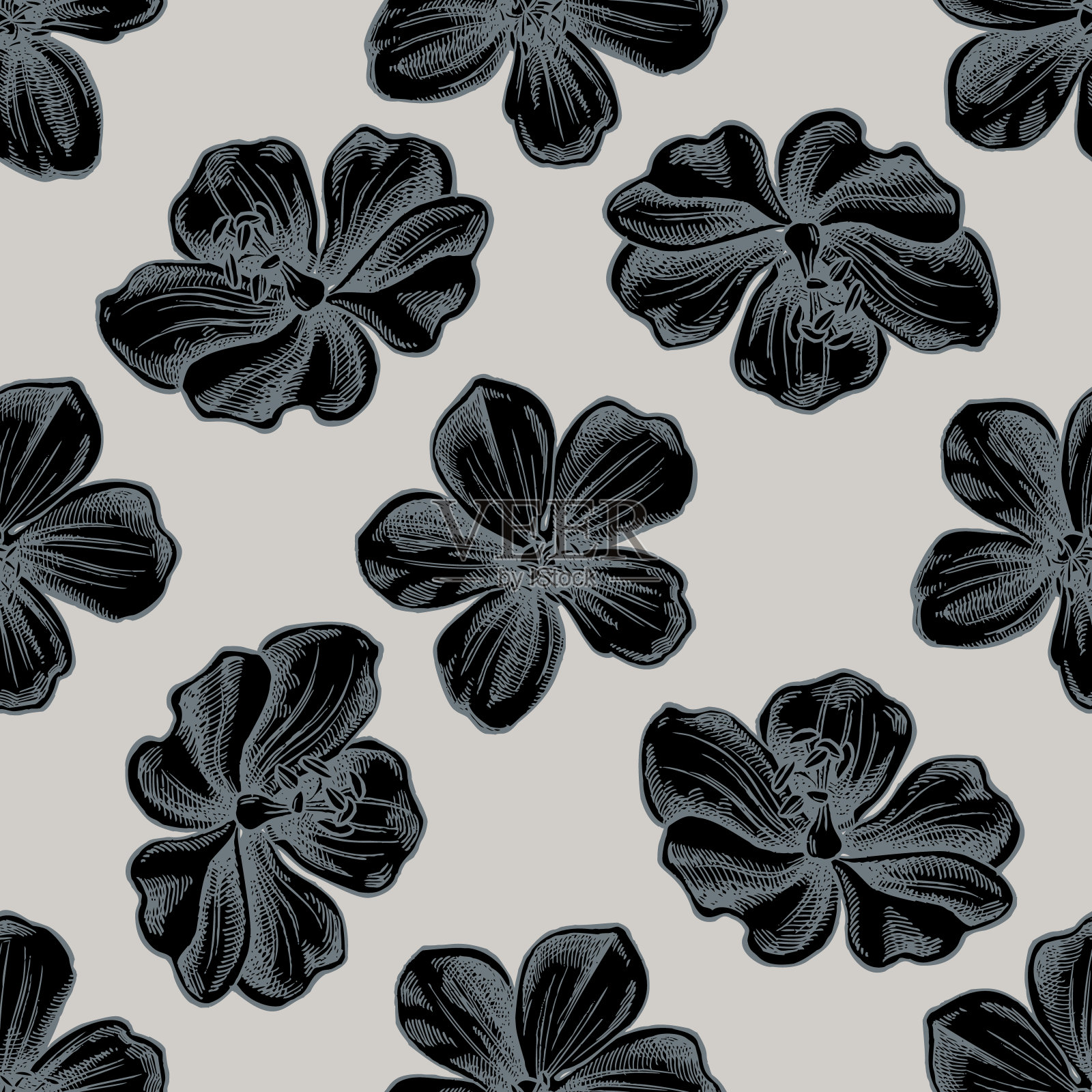 无缝模式与手绘程式化草地天竺葵插画图片素材