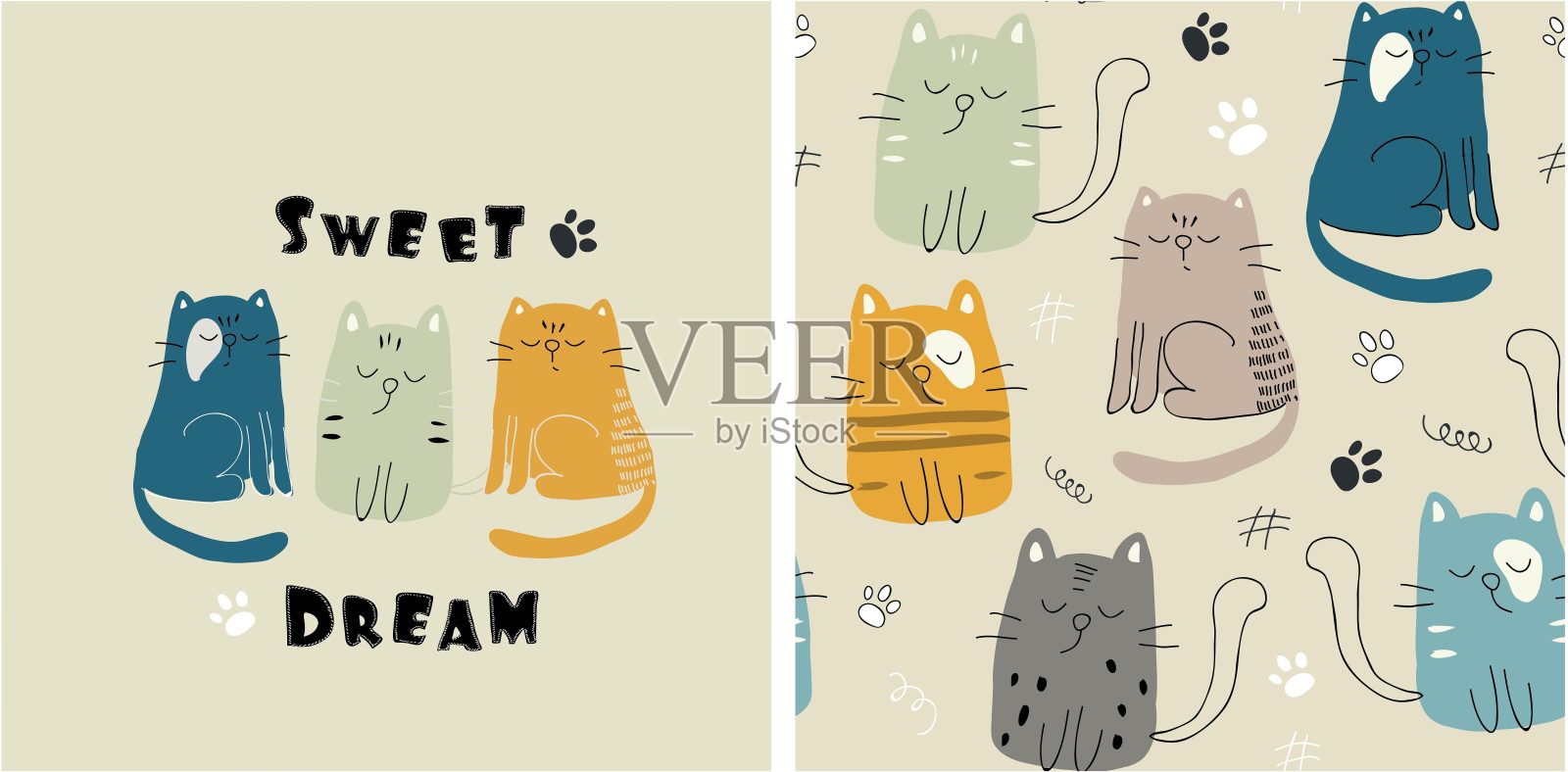 一套可爱的猫印花和无缝模式与猫。向量插画图片素材