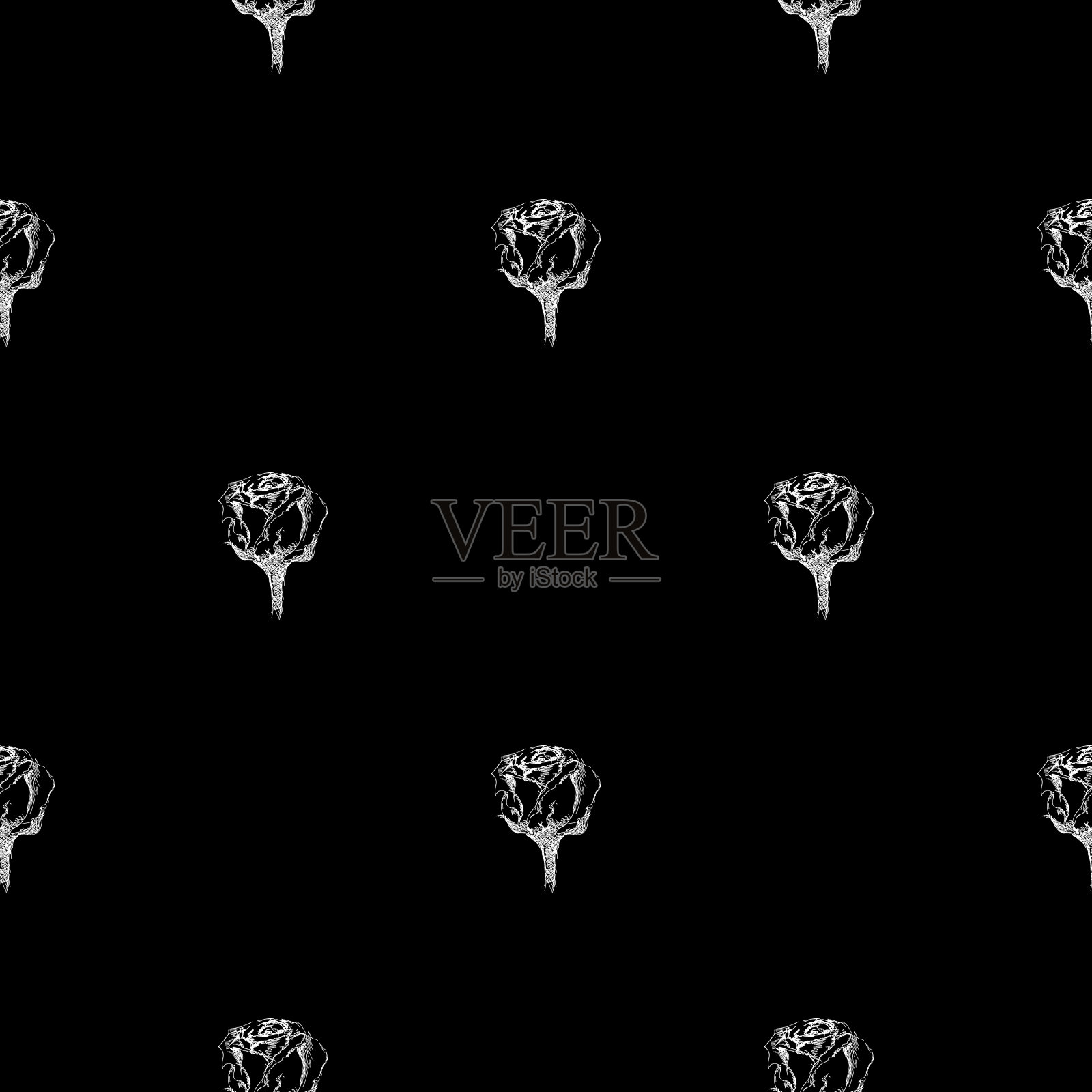 无缝手绘图案的抽象玫瑰花孤立在黑色的背景。向量花卉插图。可爱的涂鸦现代孤立的波普艺术元素。大纲插画图片素材