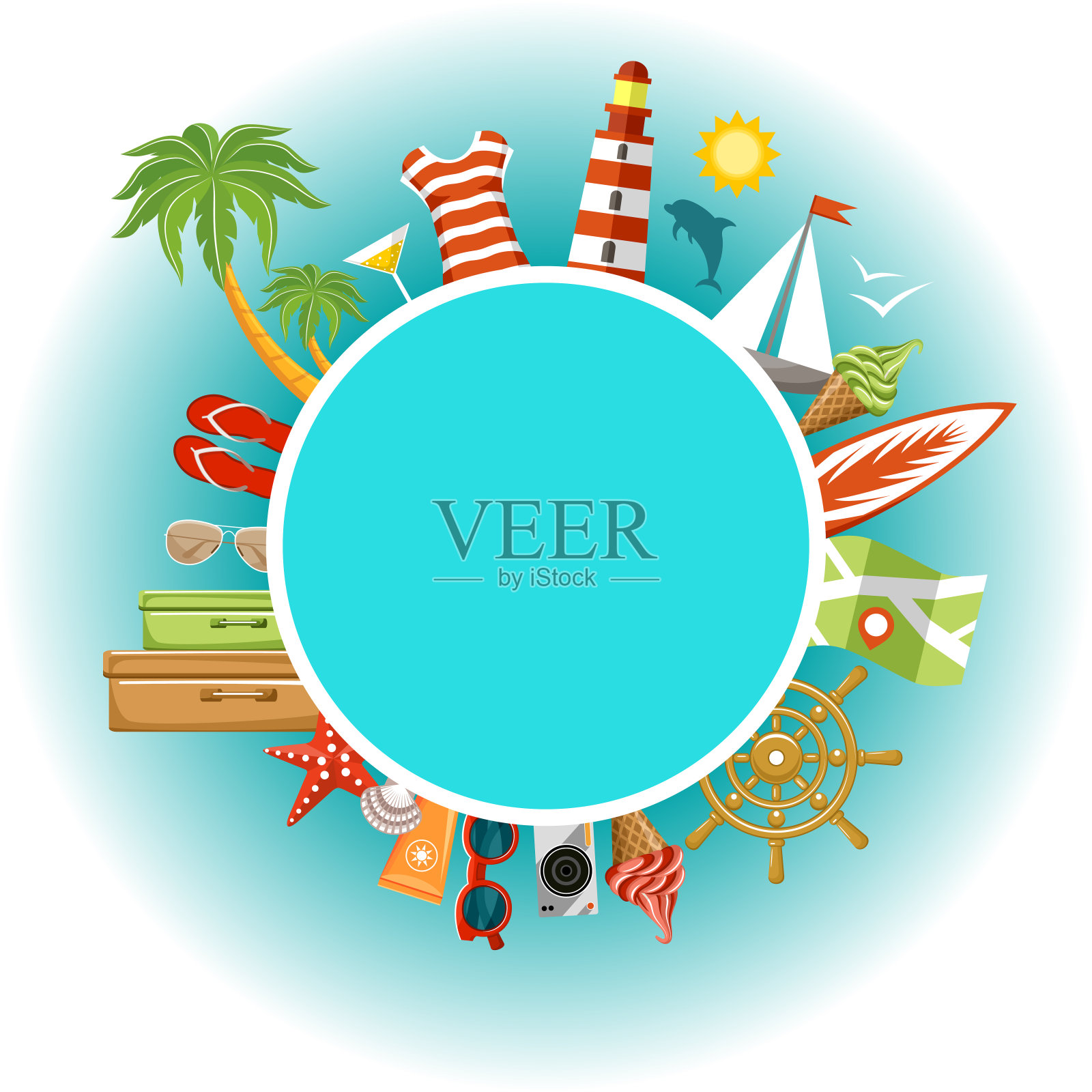 夏季主题的蓝色海报，空的。插画图片素材