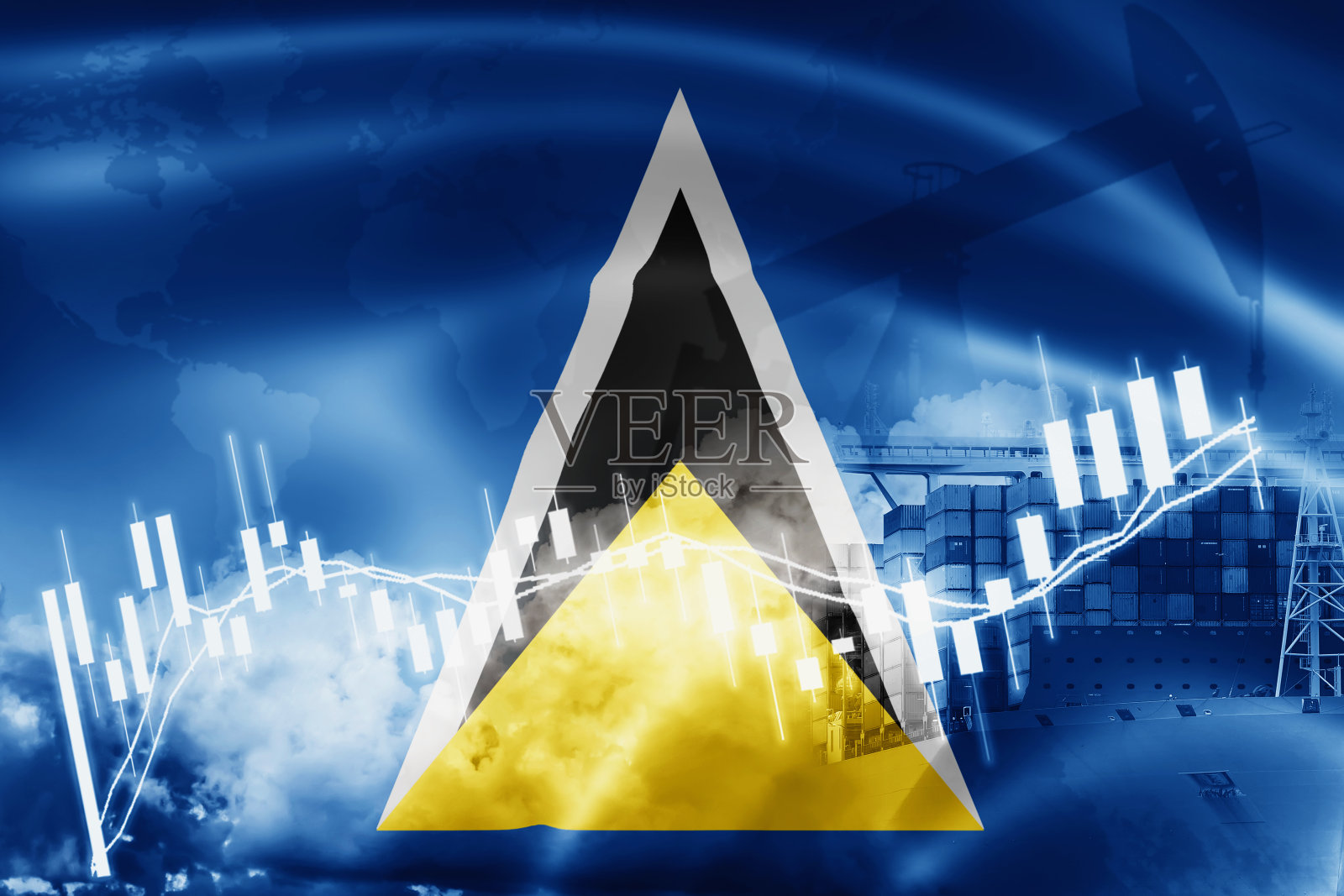 圣卢西亚旗、股票市场、经济贸易交流、石油生产、集装箱船舶进出口业务和物流。照片摄影图片