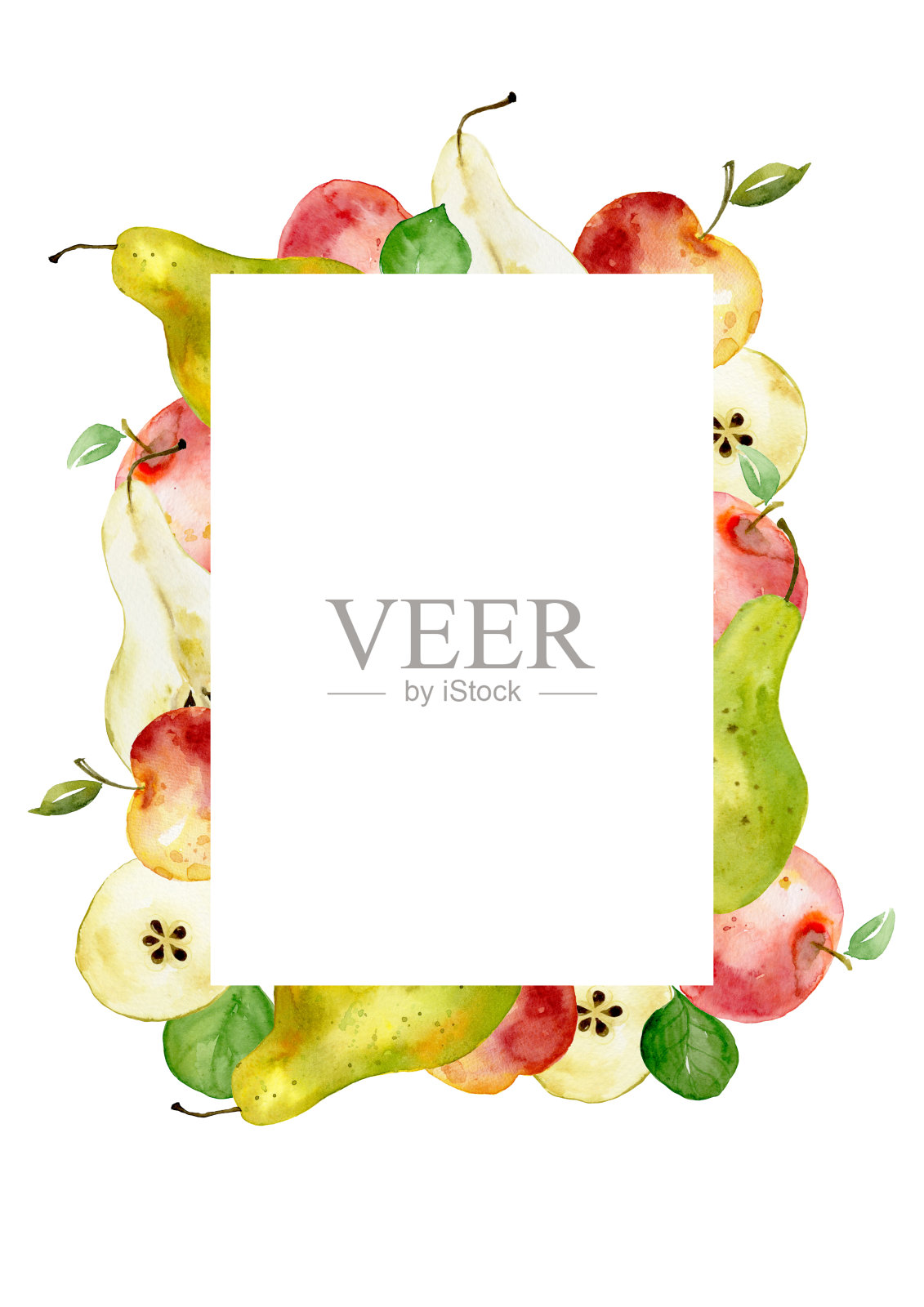 框架由水彩水果制成，红苹果，青梨。矩形梨苹果框架水果包装设计的食品，果汁，果酱，冰淇淋，冰沙插画图片素材
