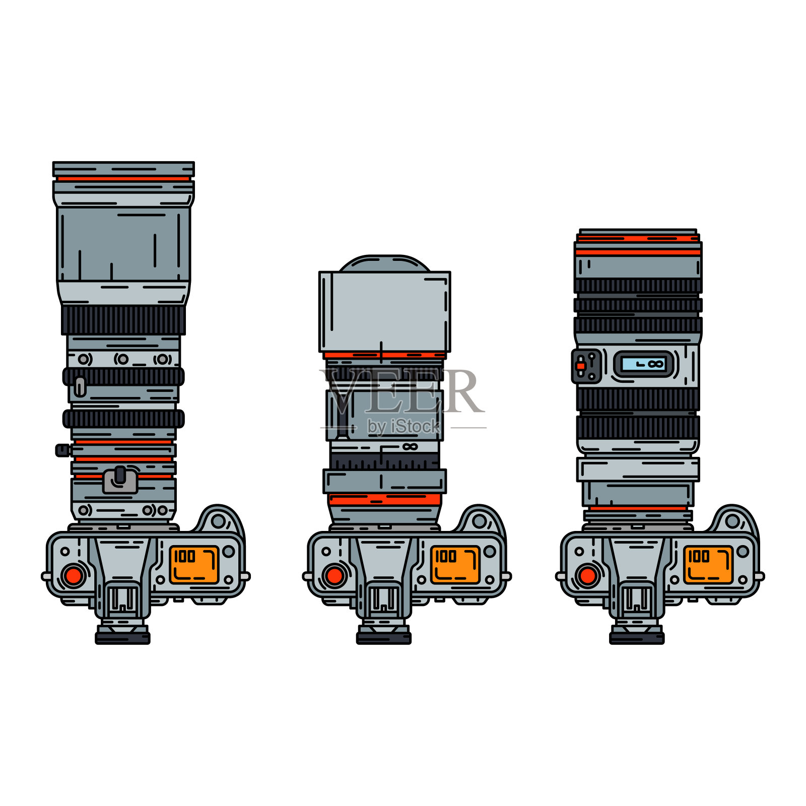 彩色矢量图标集数码单反专业相机。摄影艺术。像素photocamera。卡通风格的插画，元素设计。摄影镜头。快照设备。数码照相馆。插画图片素材