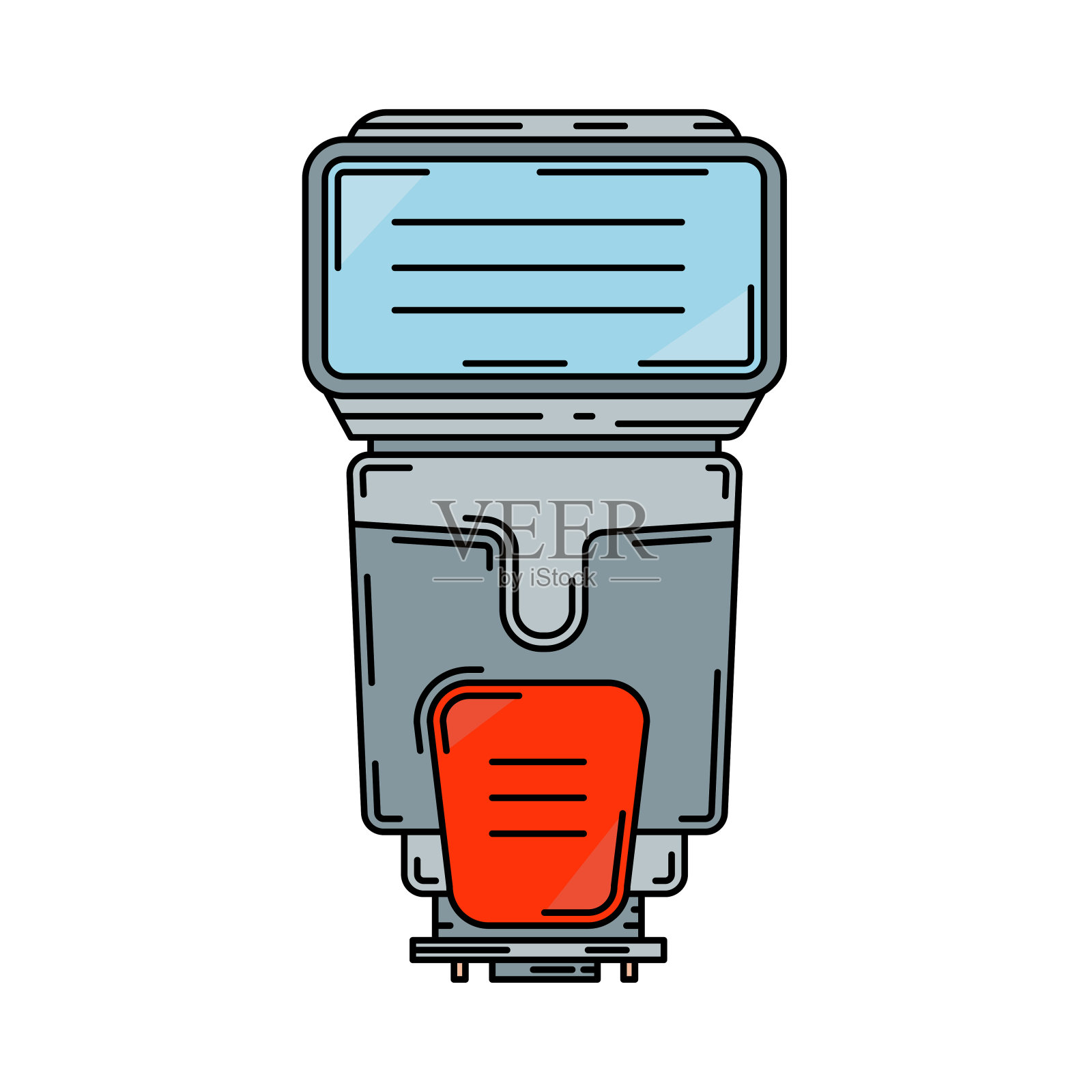 线彩色矢量图标数码摄影师专业设备。摄影艺术。摄影相机紧凑型电源，闪光灯，灯泡。卡通风格插画，元素设计。快照摄影工作室。插画图片素材