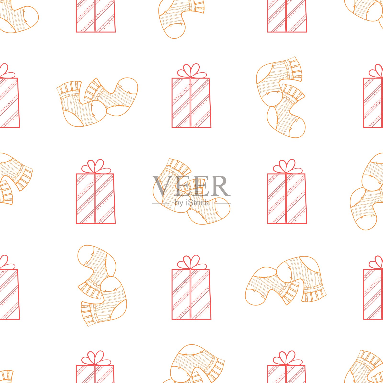 无缝的圣诞和新年模式与礼物和袜子。手绘插图。包装纸背景插画图片素材