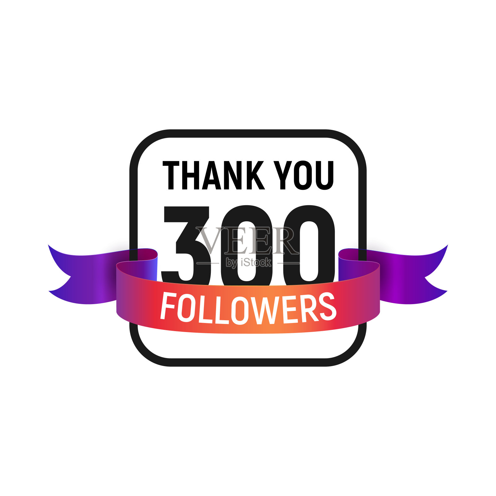 300个追随者的数字与颜色鲜艳的丝带隔离矢量图标。三百名粉丝，谢谢插画图片素材