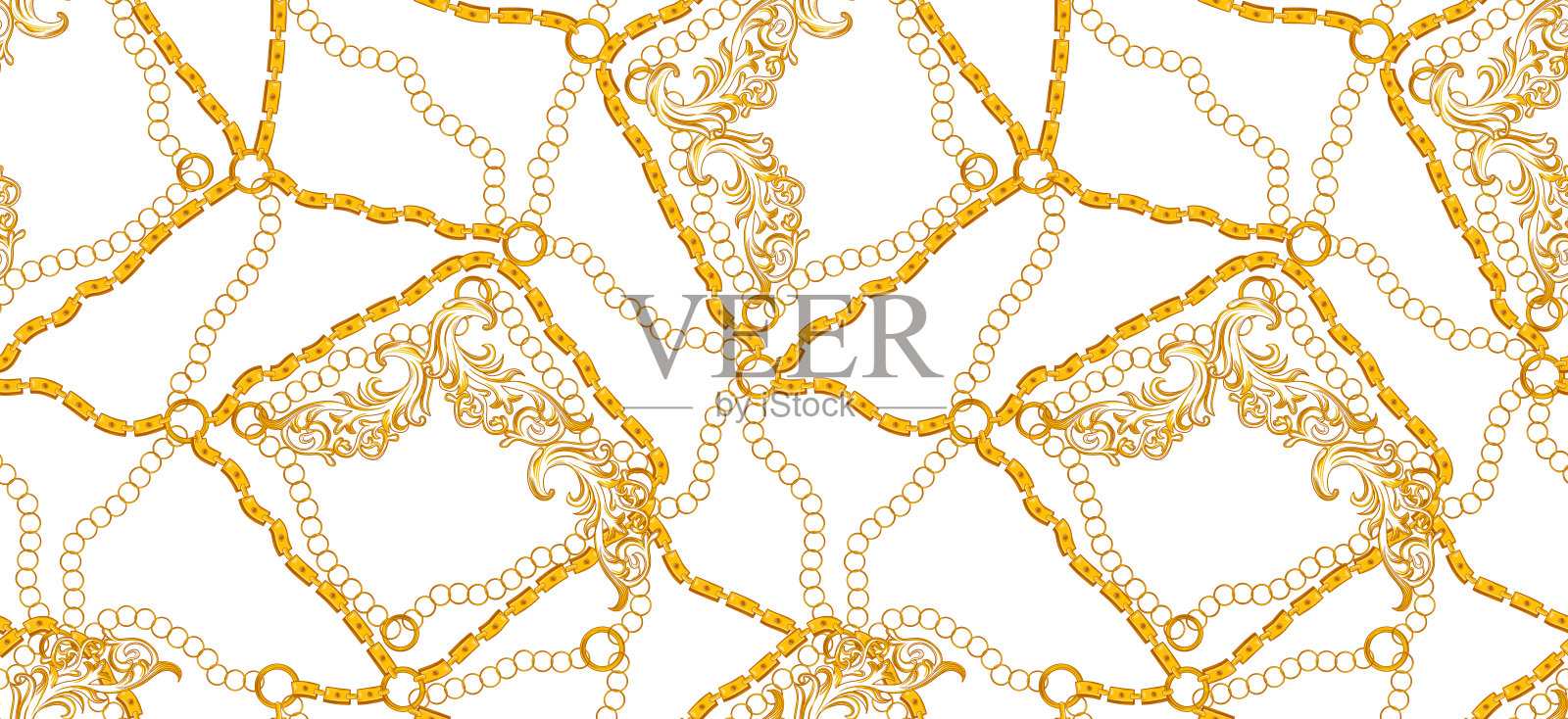 金链时尚无缝图案。织物背景与金链。纺织品、墙纸的奢华设计。插画图片素材