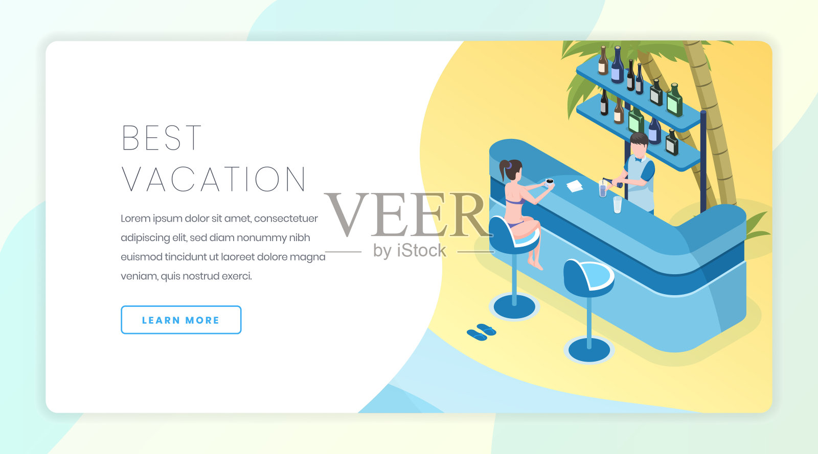 旅游商务登陆页面矢量模板。热带度假村与所有的包容性服务网站主页界面理念与等距插图。最佳假期网页横幅卡通概念插画图片素材