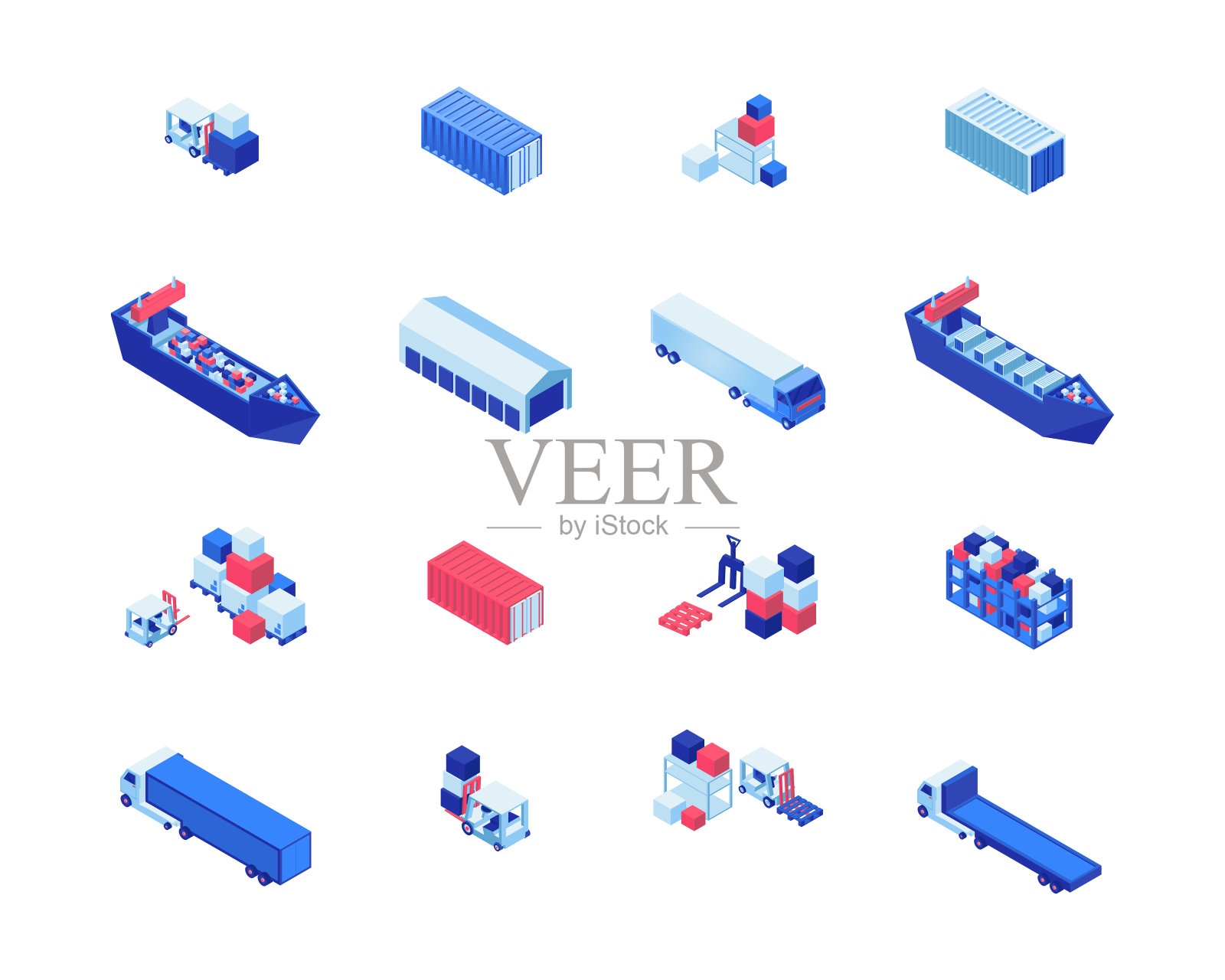 航运业务等距矢量插图集。货轮、仓储、叉车载货及货车。海运发货，运输行业设计元素图标素材