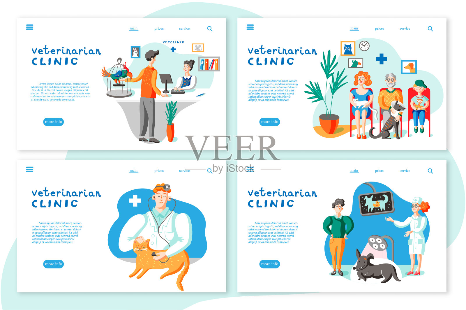 兽医诊所登陆页面布局。主人与宠物在兽医诊所插图集设计模板素材