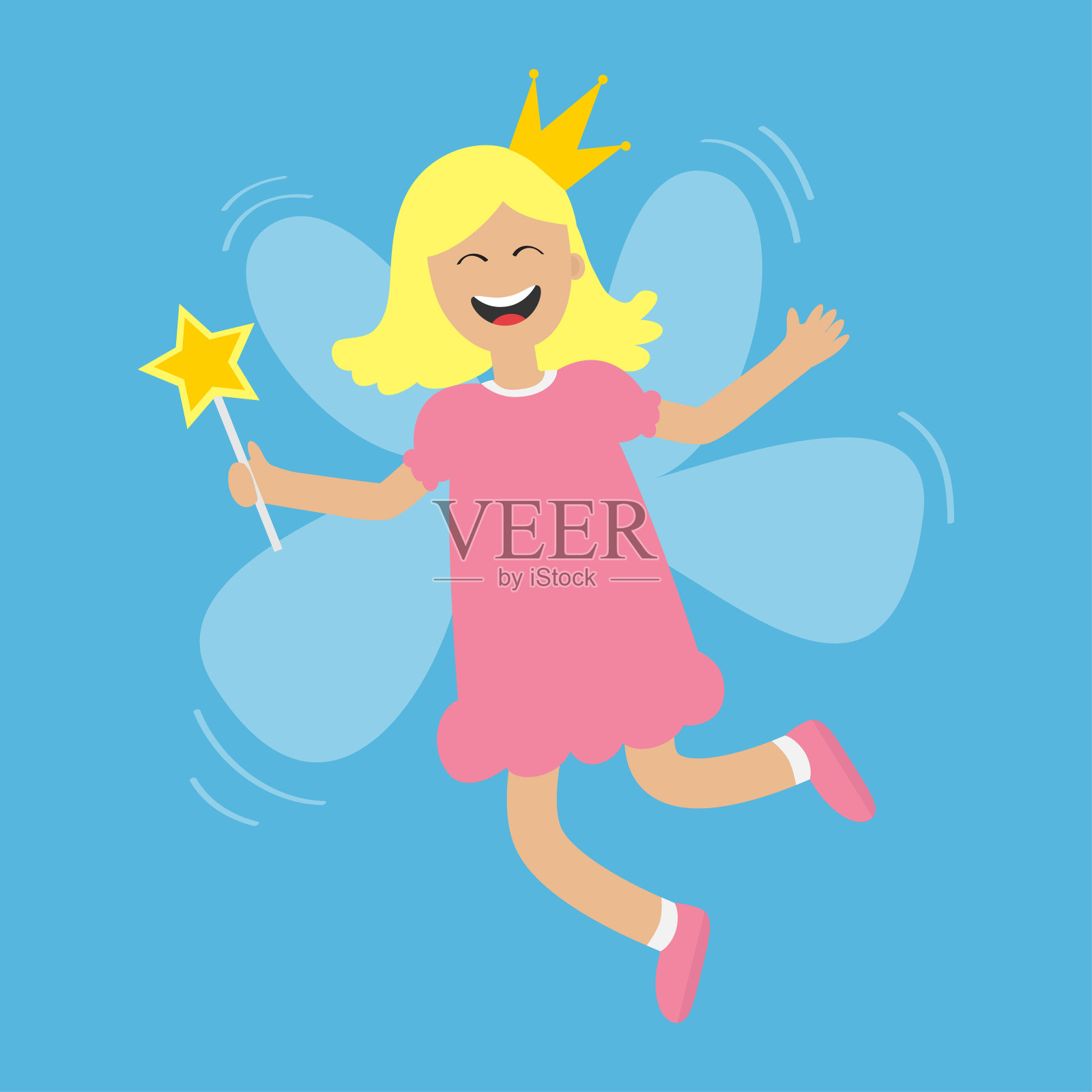 牙仙会飞翅膀。牙齿的嘴微笑。快乐女孩拿着星魔棒。可爱的乳牙卡通人物在服装，皇冠。微笑的女人。蓝色背景。孤立的平面设计插画图片素材