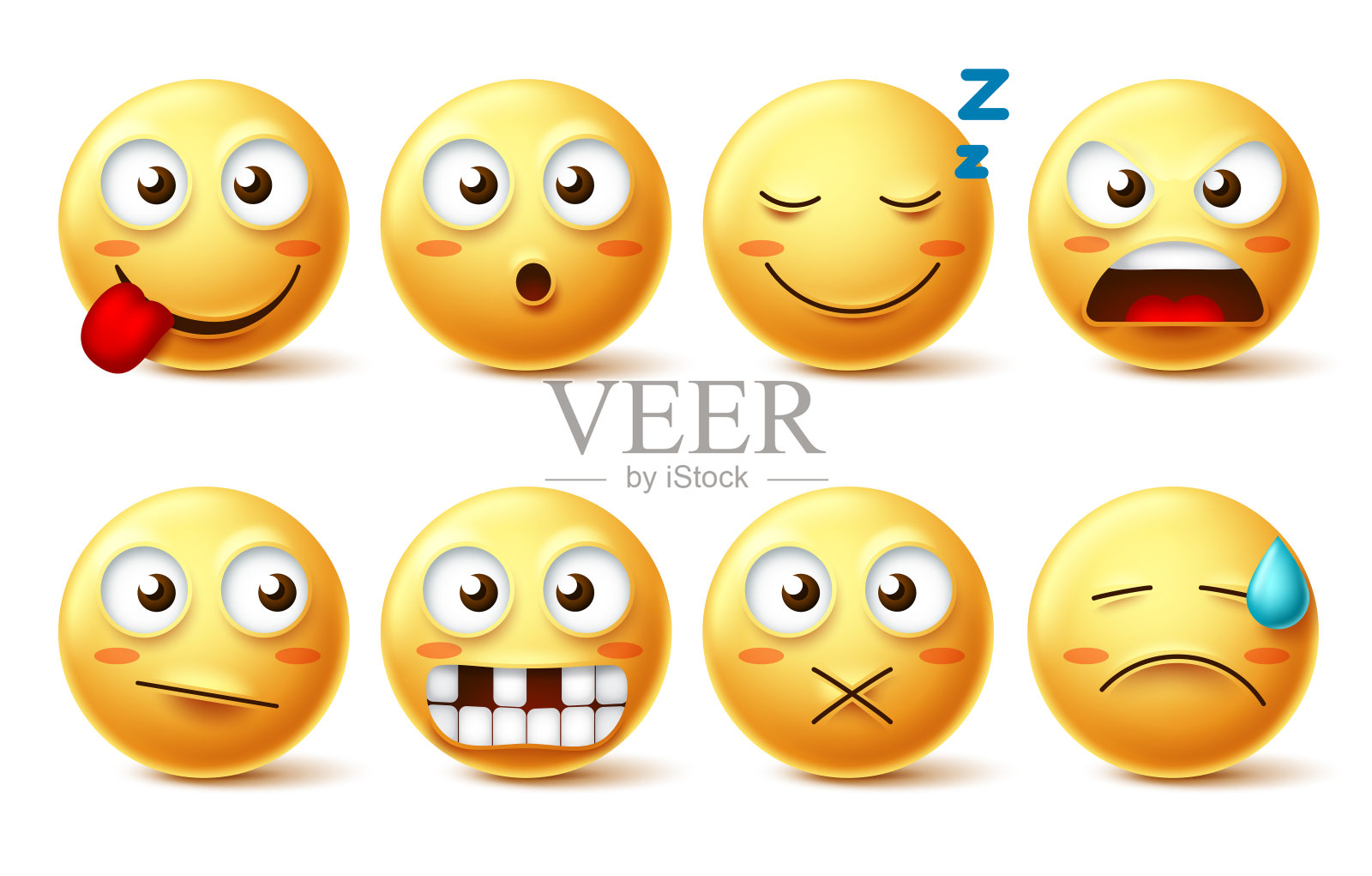 带有趣味面部表情的笑脸矢量图：包括困倦、无齿、愤怒和淘气的表情符号图标素材