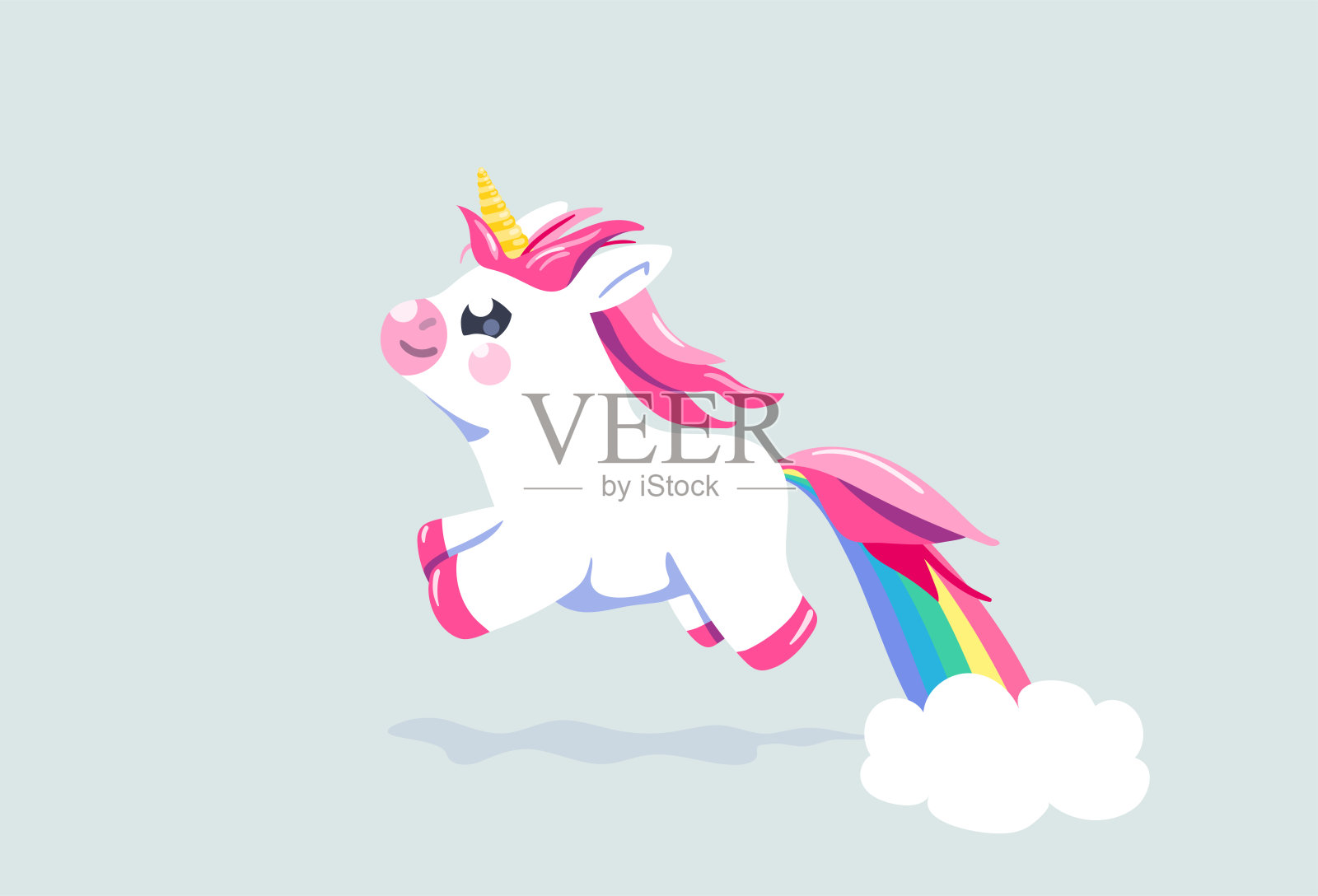可爱的独角兽矢量背景。婴儿仙女动物小马插图在卡通风格的女孩儿童印花设计。马的性格与彩虹从他的屁股飞插画图片素材