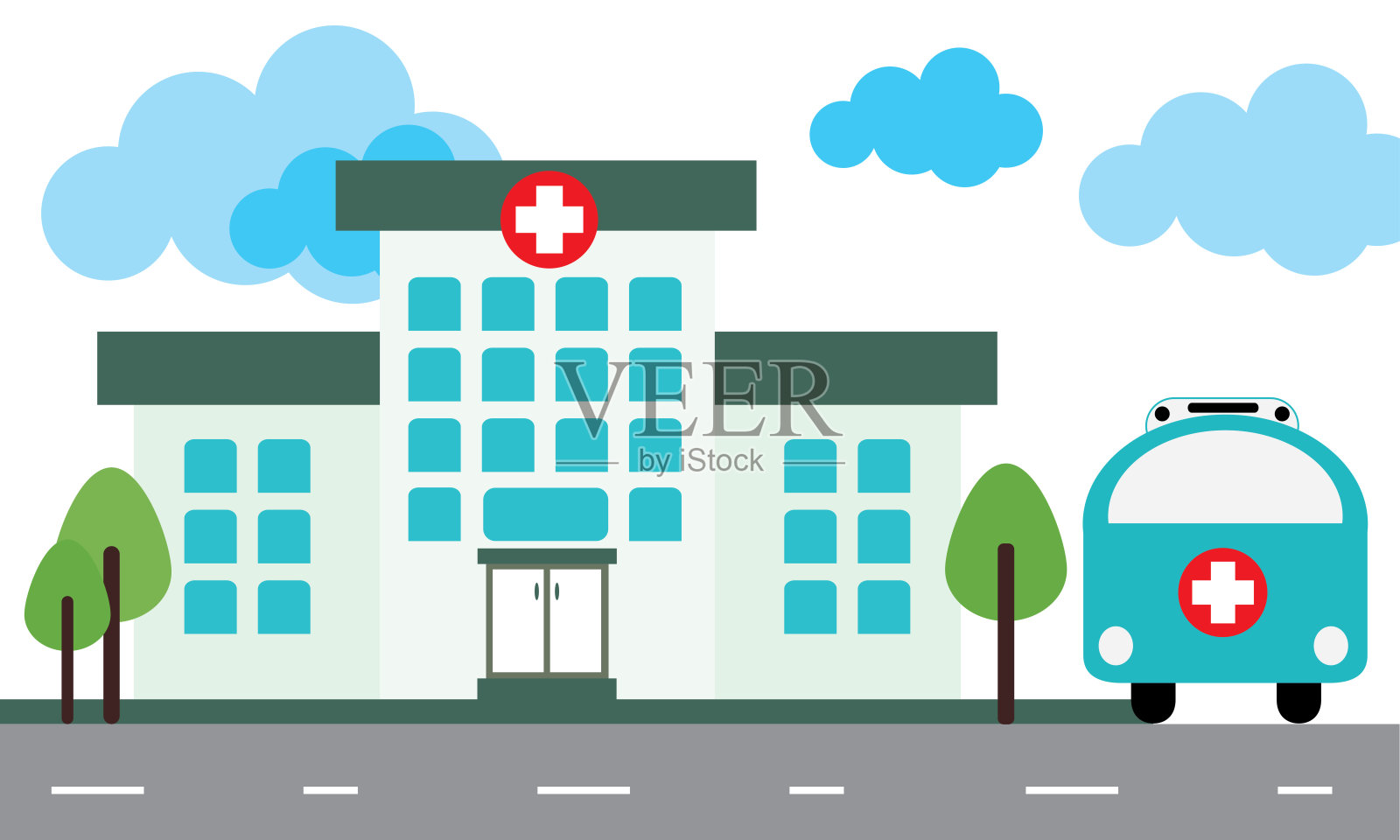 医疗概念与医院建筑和救护车在平滑的风格插画图片素材