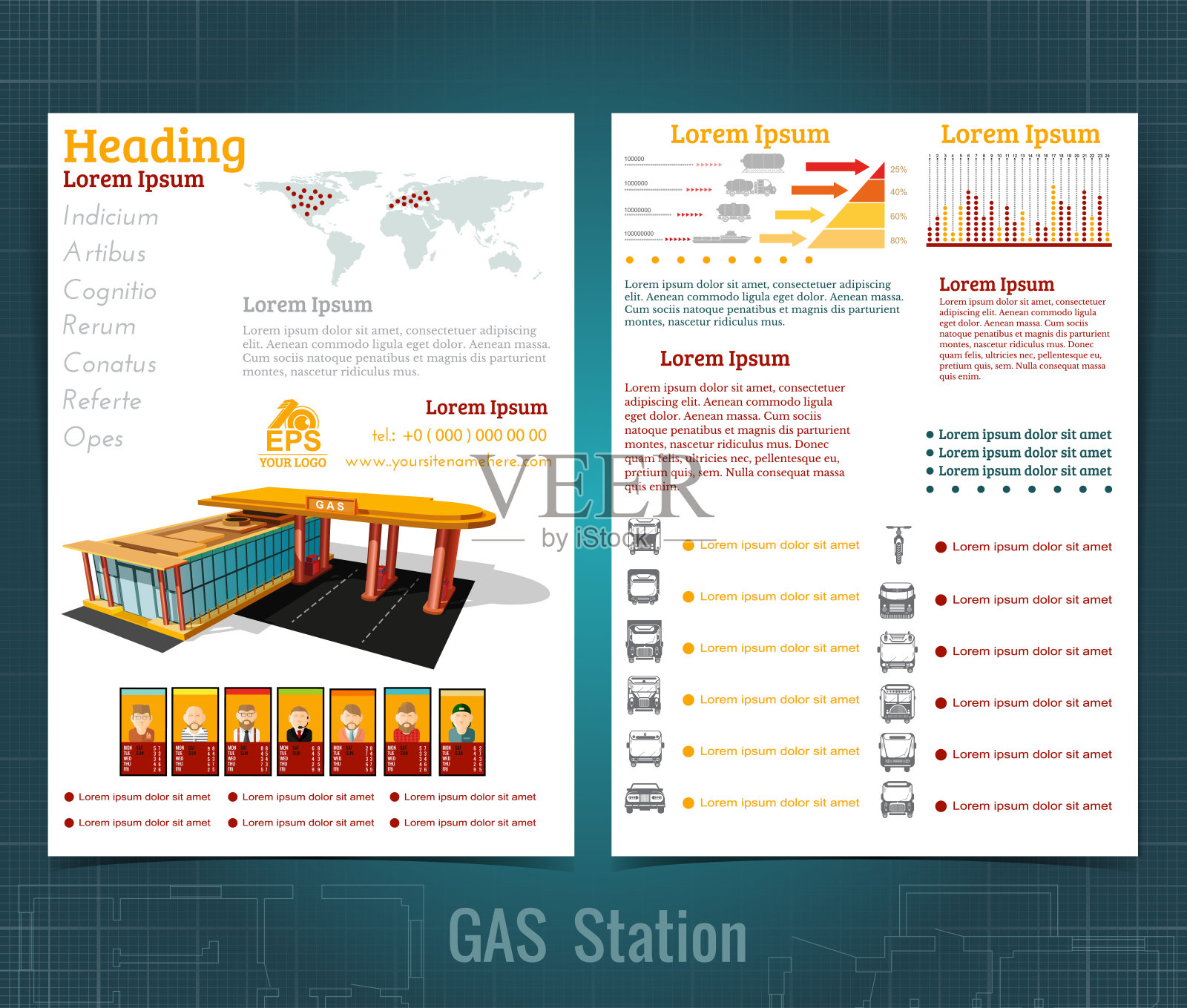 双面商业宣传册或传单，加油站信息图逼真的加油站与抽象的图表，运输插画图片素材