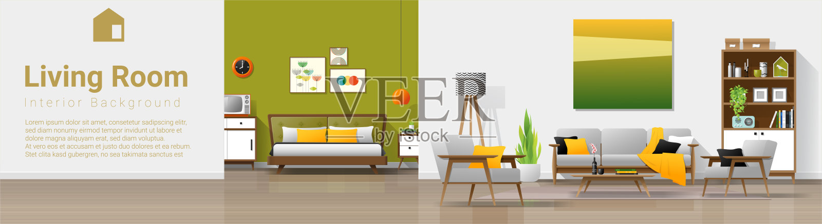 复古屋的室内背景与客厅和卧室的组合，矢量，插图插画图片素材