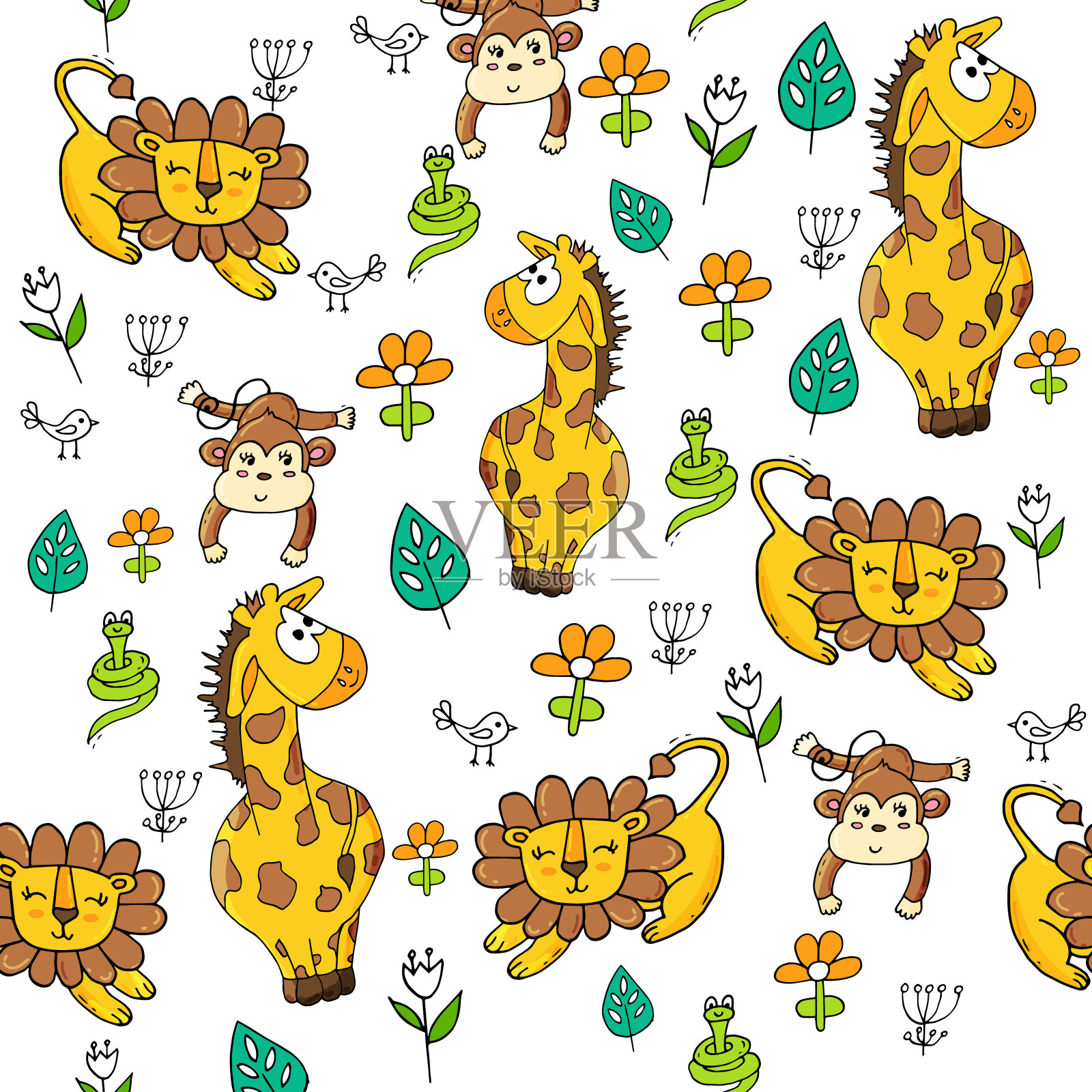 可爱的无缝模式与热带动物的白色背景。丛林里的狮子，蛇，长颈鹿和猴子。插画图片素材