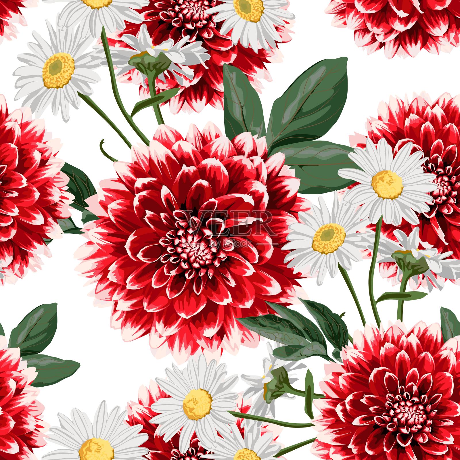 花卉无缝模式与手绘红色大丽花和洋甘菊花的叶子。纺织品插图。插画图片素材
