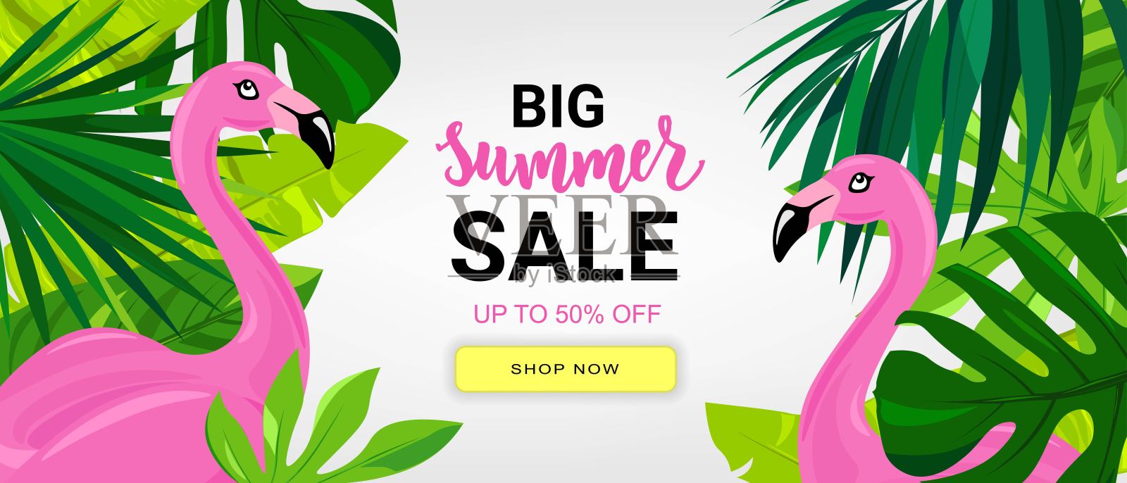 印有热带树叶和粉红色火烈鸟的夏季促销横幅。手字母文字。季节假期，周末，假日标志。非常适合卡片，小册子，传单，广告海报模板。设计模板素材