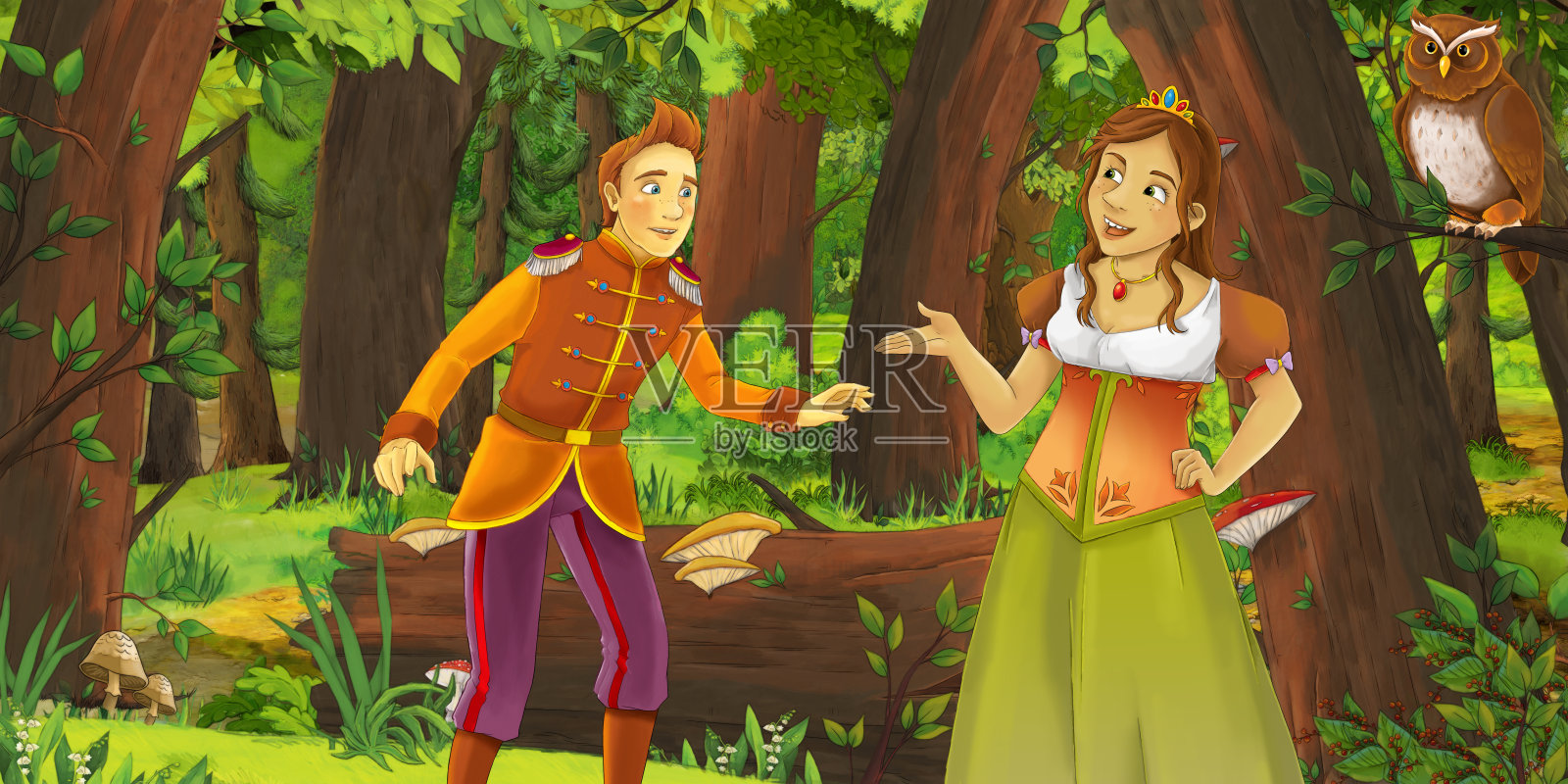 卡通场景是快乐的小公主和小公主在森林里遭遇一对飞翔的猫头鹰插画图片素材
