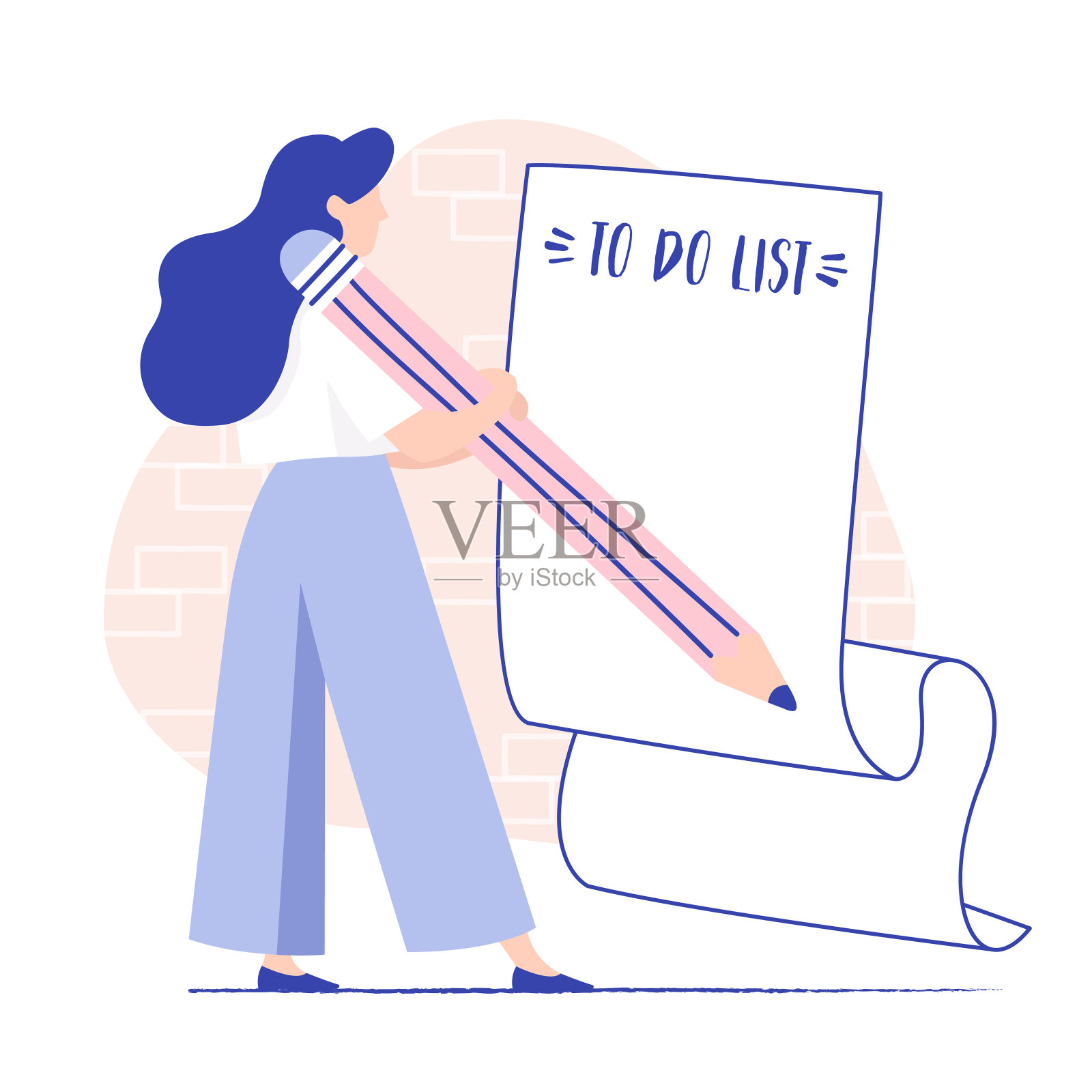 年轻女子填写长纸笔记与待做清单和巨大的铅笔。计划，项目管理，头脑风暴。插画图片素材