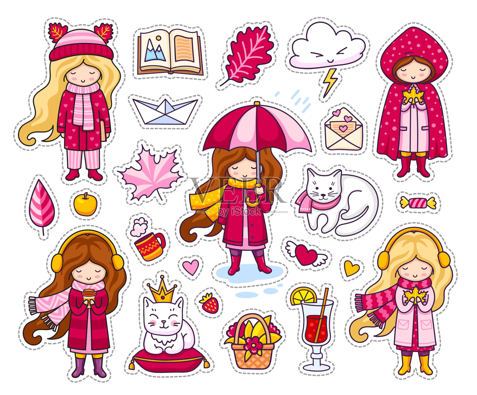 一套可爱的秋季贴纸。插画图片素材