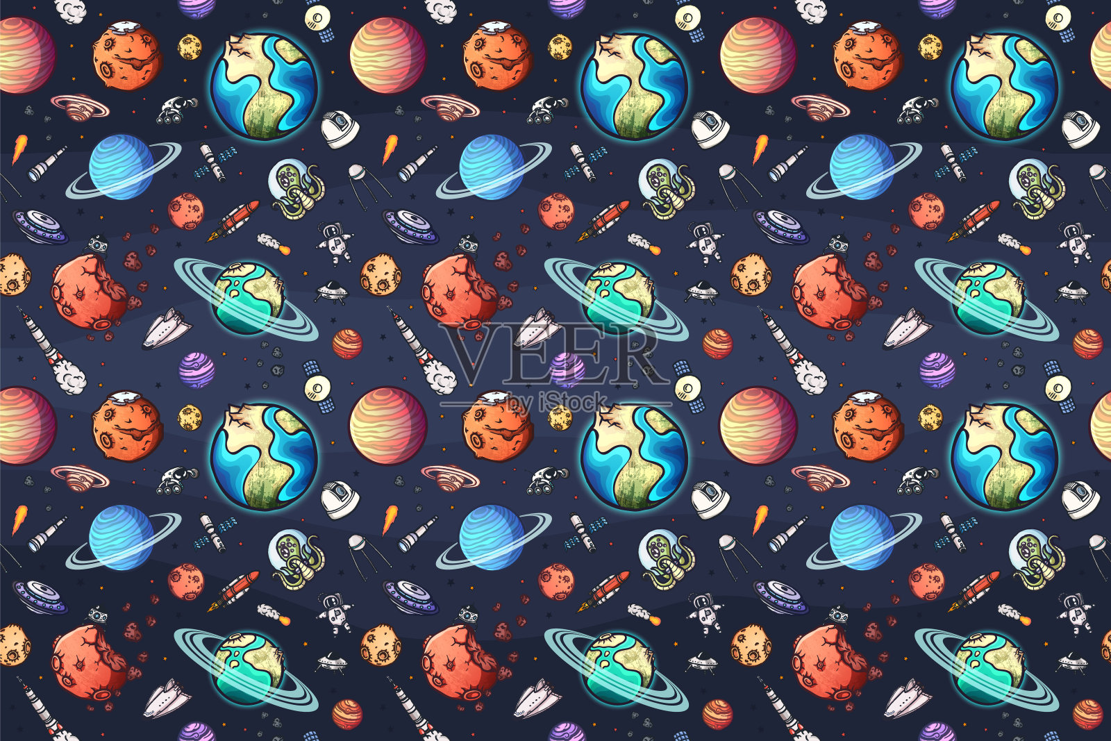 空间无缝图案与许多手绘涂鸦。插画图片素材