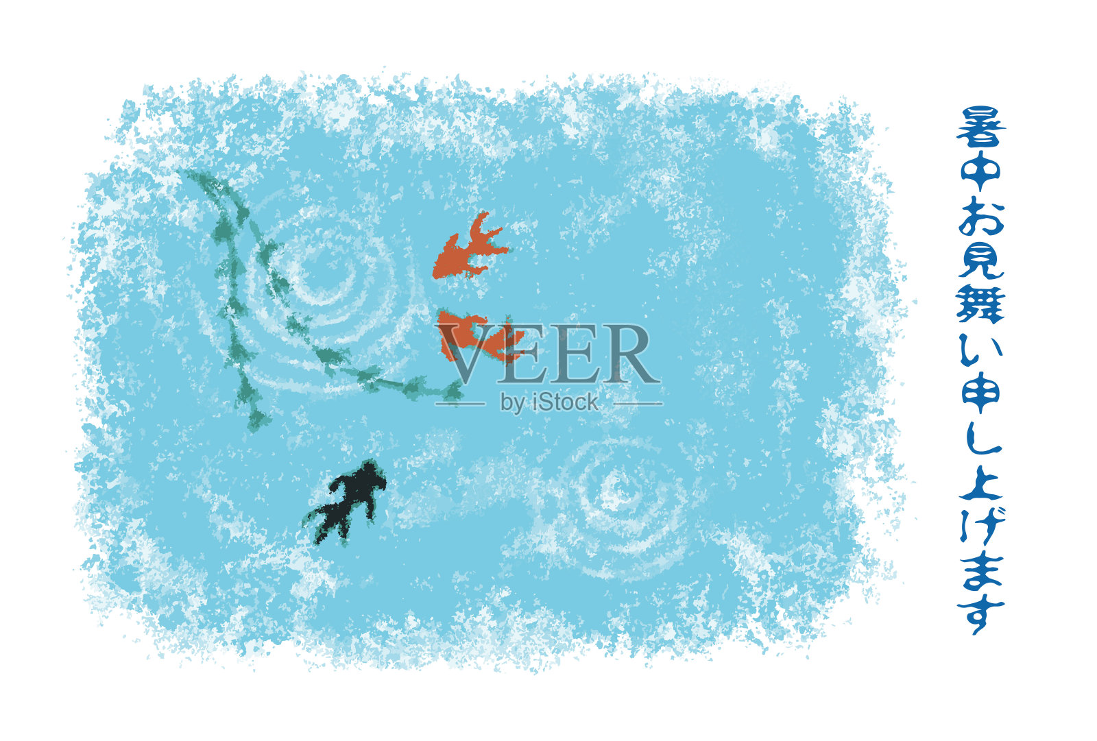 池塘里金鱼，粉彩画夏日问候插画图片素材