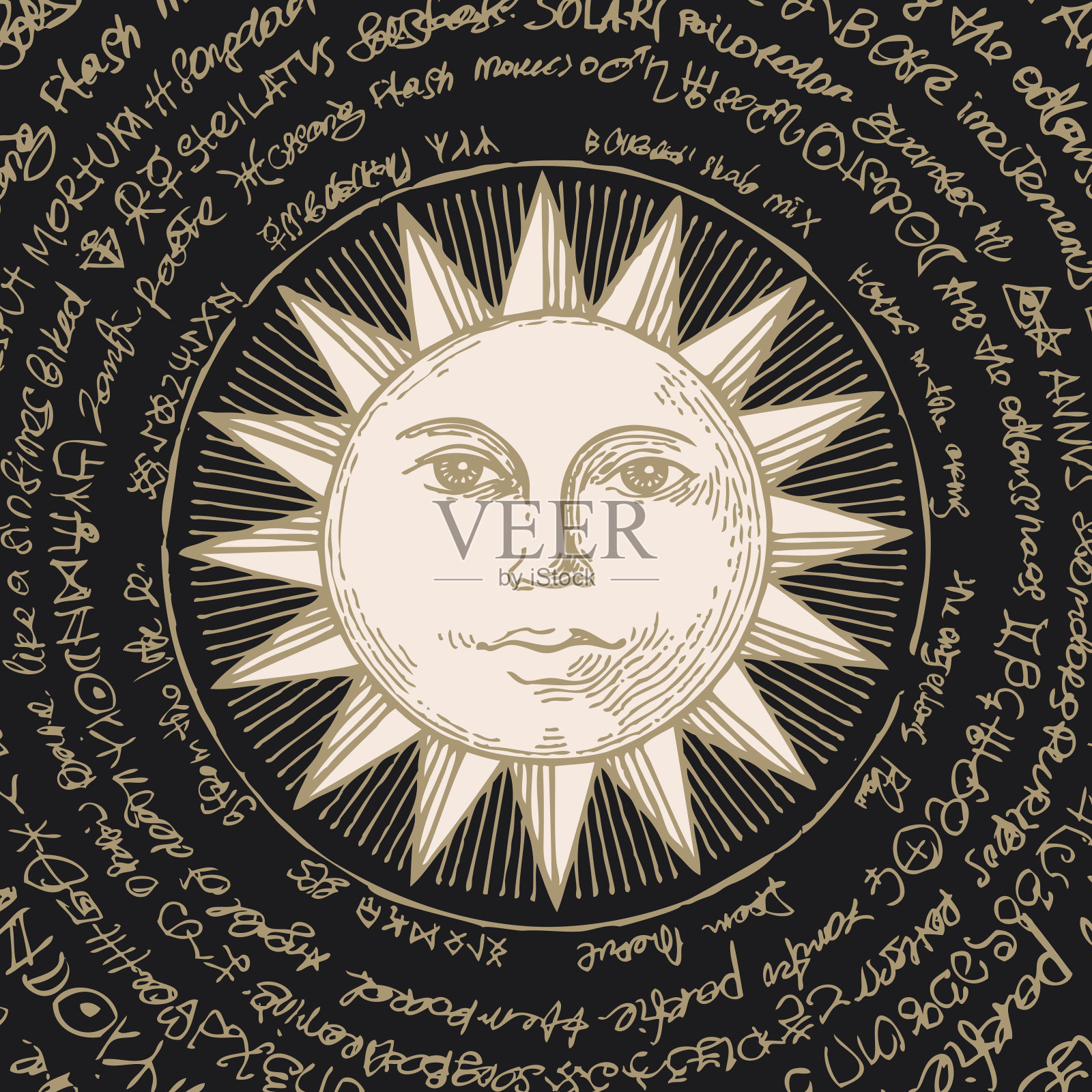 旗帜与手绘太阳和魔法咒语插画图片素材