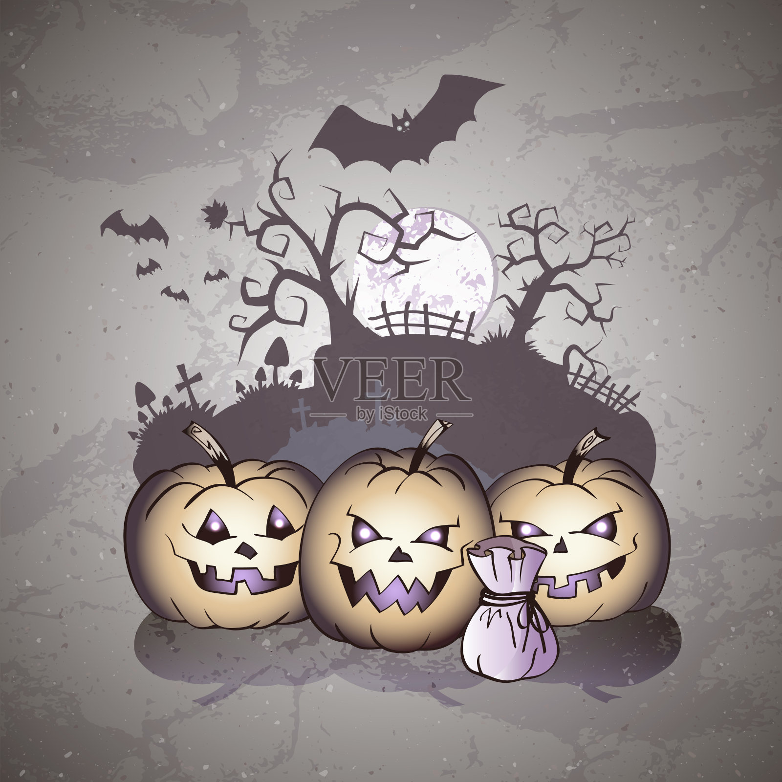 矢量万圣节插图与微笑的南瓜和墓地。插画图片素材