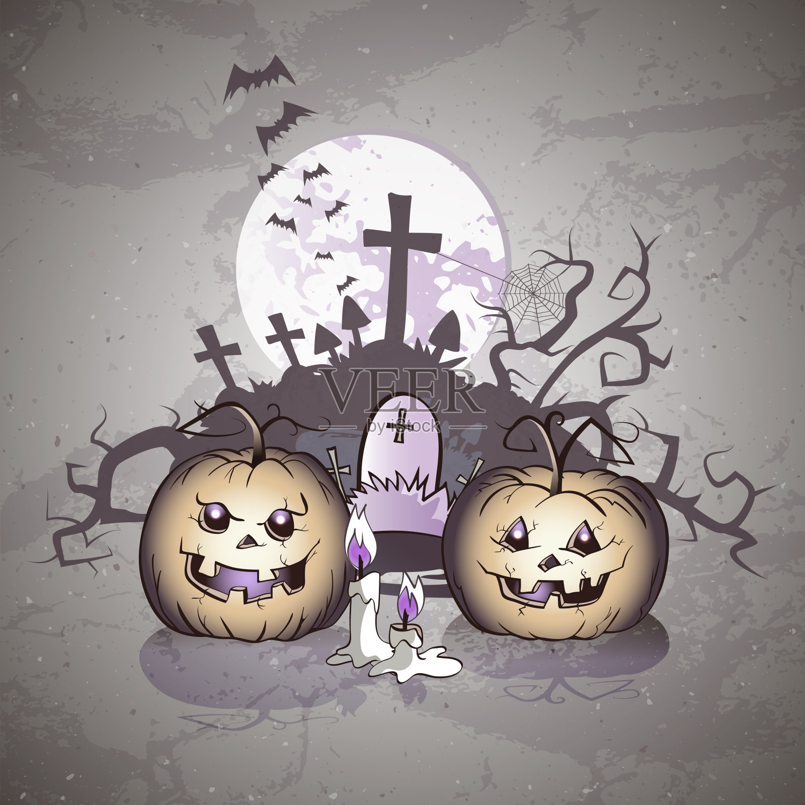 矢量万圣节插图与微笑的南瓜，蜡烛和墓地。插画图片素材