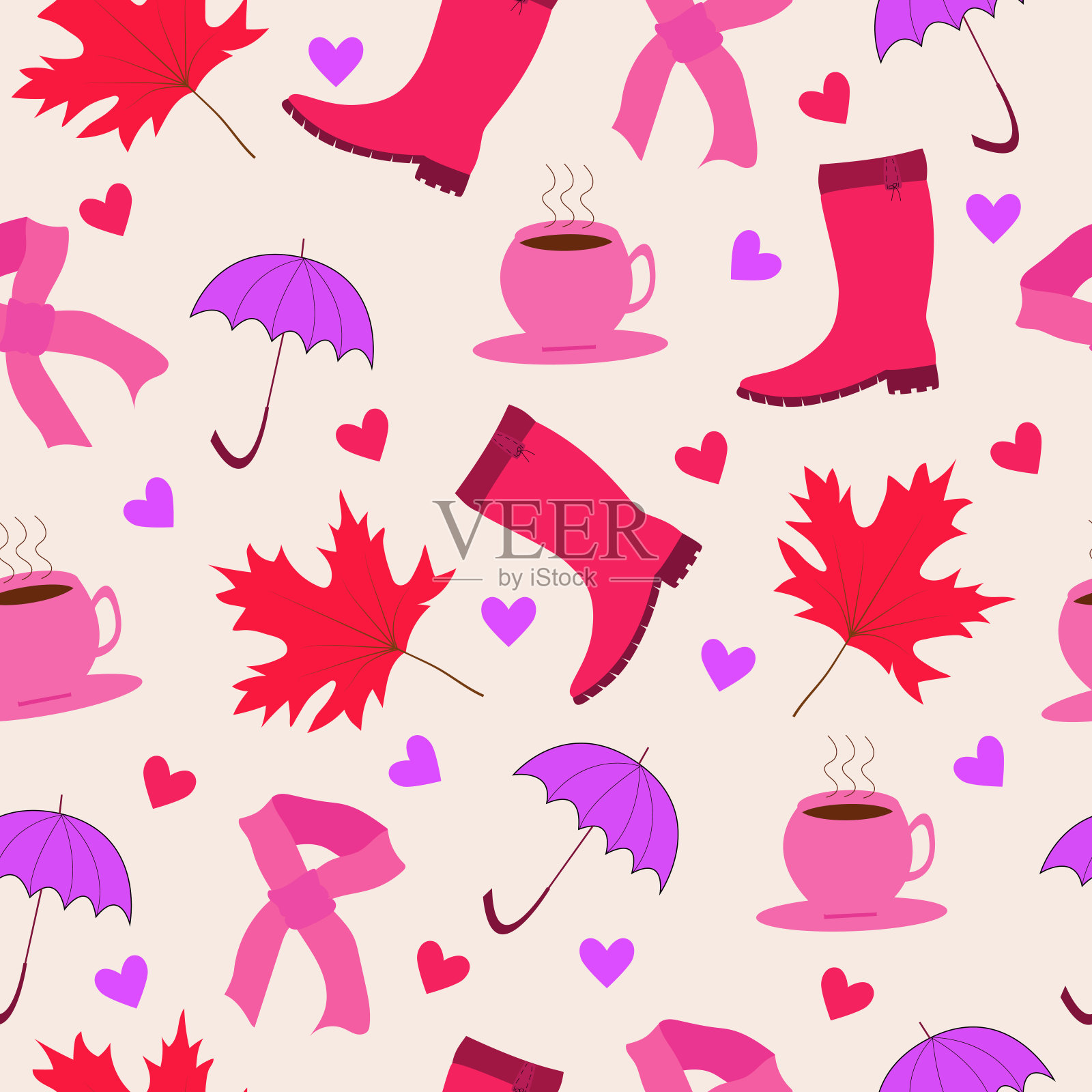 无缝矢量图案的秋天图标符号。彩色橡树叶和橡子。颜色粉红色的衣服伞和枫木。插画图片素材