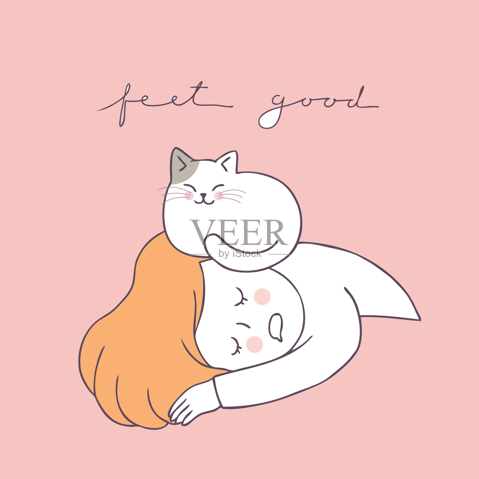 卡通可爱女人睡觉和猫矢量。插画图片素材